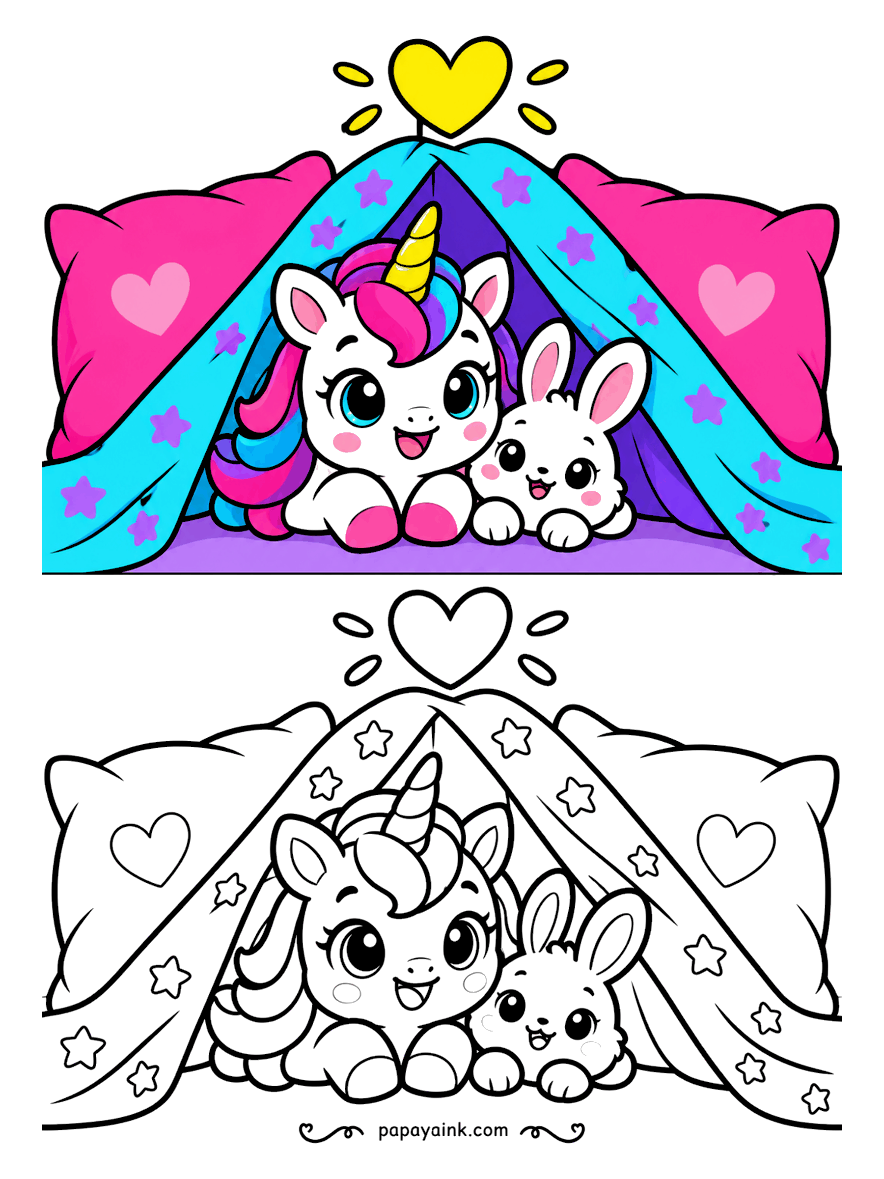 Easy Unicorn Coloring Pages - Unicorn and bunny hiding in a cozy blanket fort decorated with stars and heart pillows.