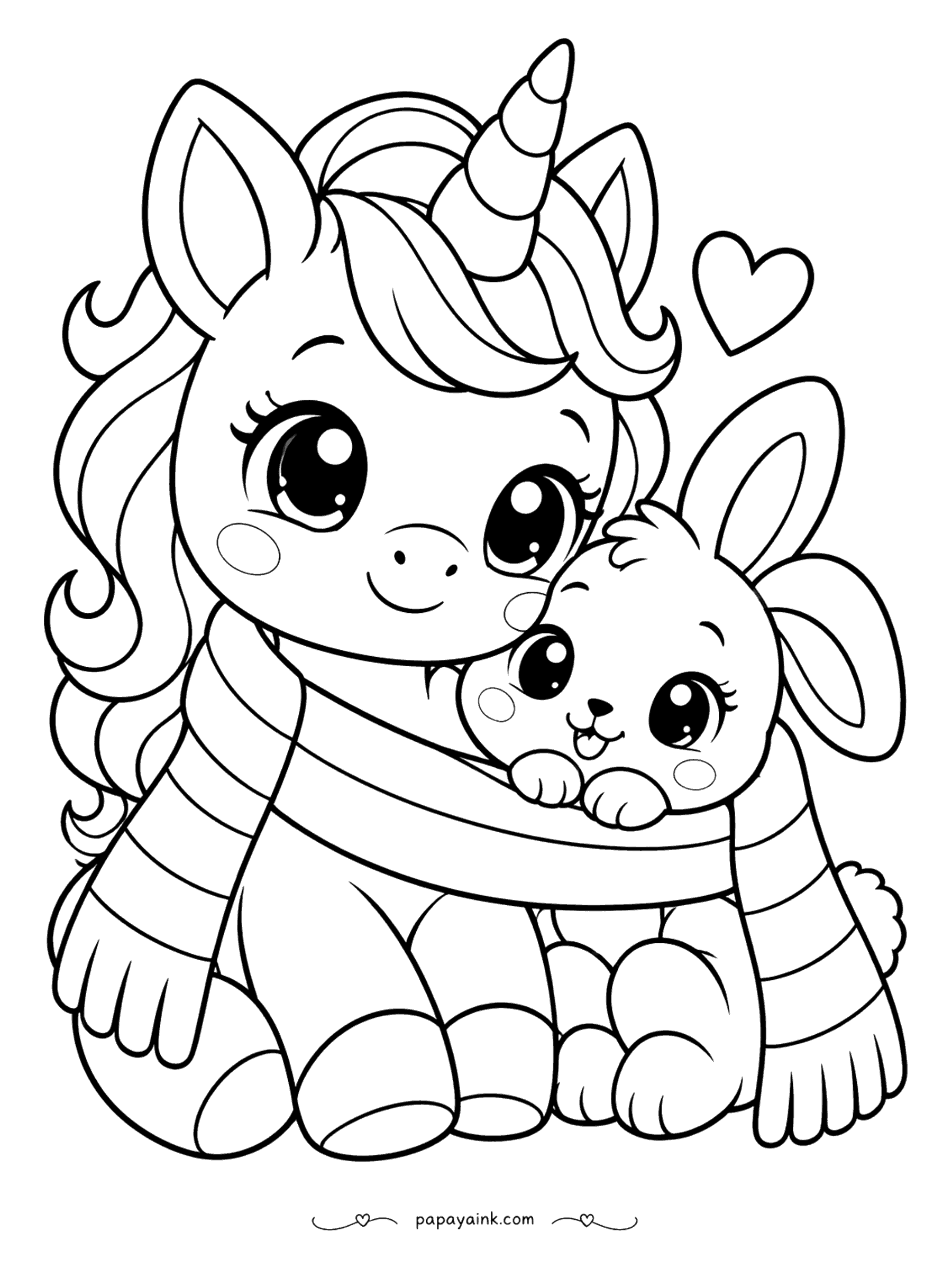 Easy Unicorn Coloring Pages - Unicorn and bunny cuddled up in one long striped scarf.