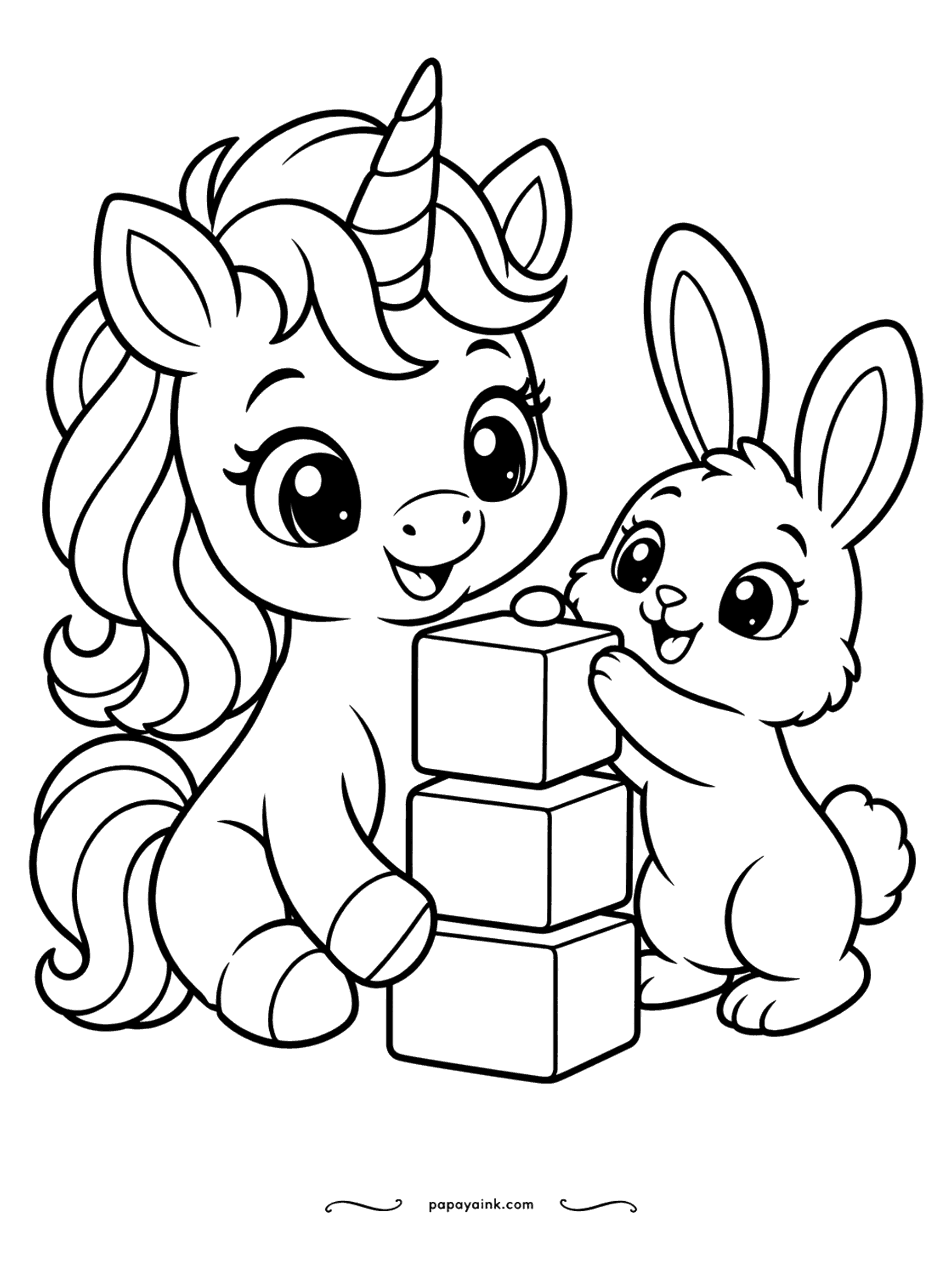 Easy Unicorn Coloring Pages - Unicorn and bunny building a tower of big toy blocks together.