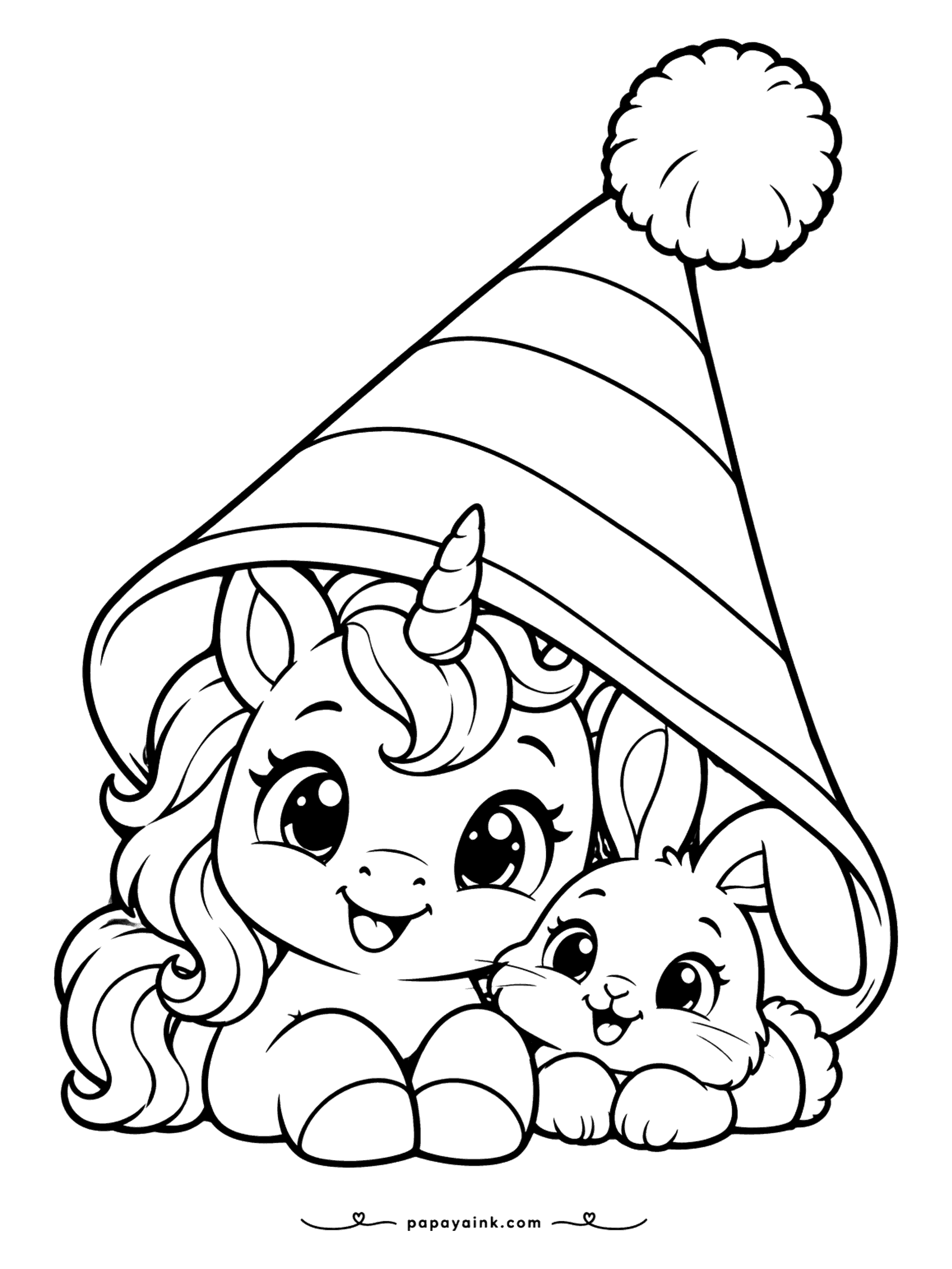 Easy Unicorn Coloring Pages - Unicorn and bunny hiding under one huge striped party hat with a pom-pom.