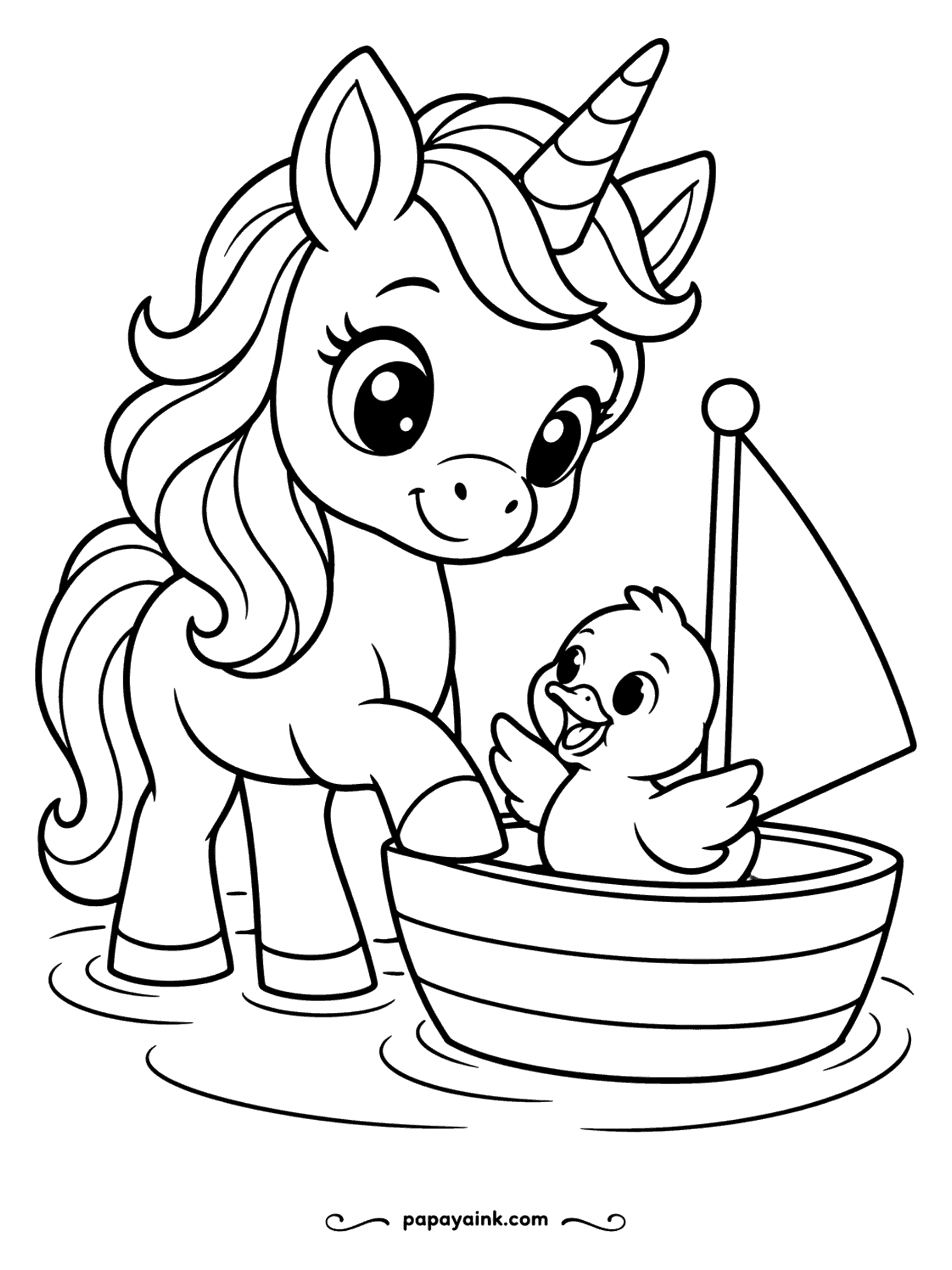Easy Unicorn Coloring Pages - Unicorn wading in a pond beside a duckling riding in a little sailboat.