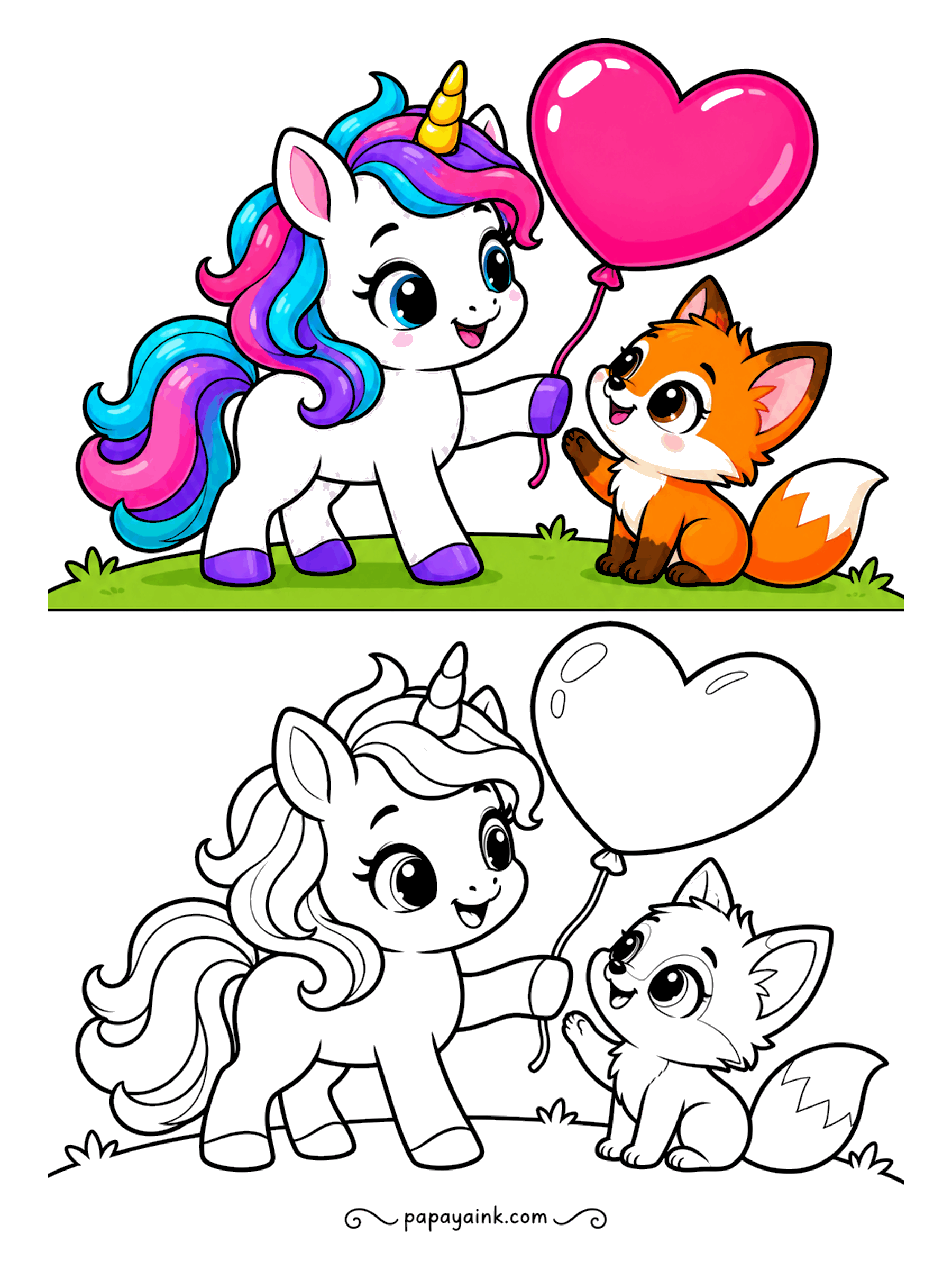Easy Unicorn Coloring Pages - Unicorn sharing a heart balloon with a little fox on a grassy hill.