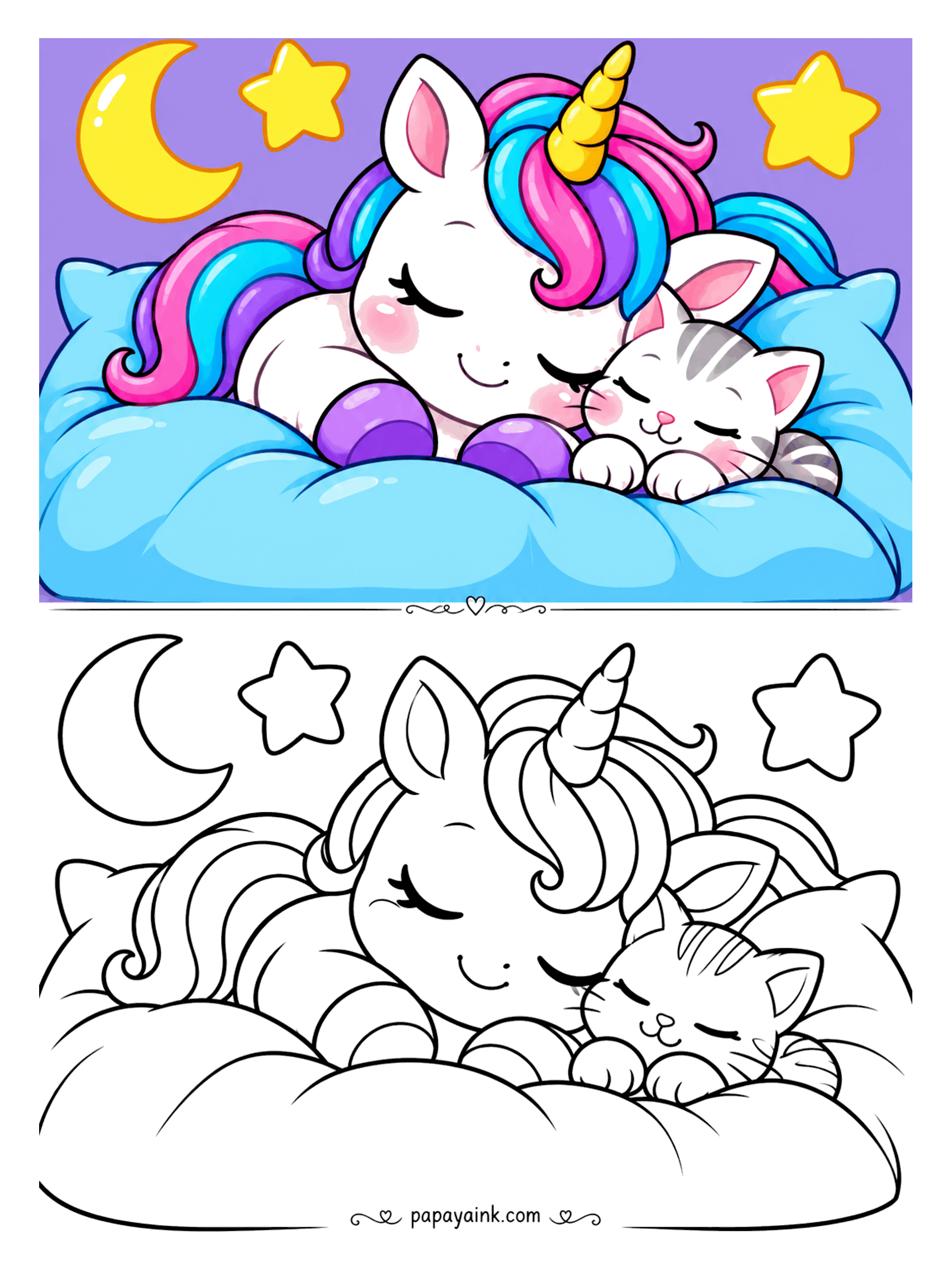 Easy Unicorn Coloring Pages - Sleepy unicorn and a tabby kitten dozing on soft pillows under the moon and stars.