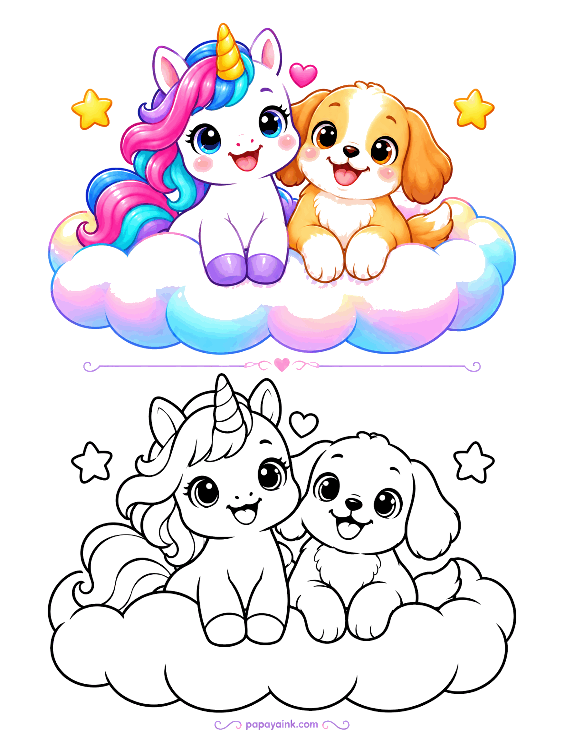 Easy Unicorn Coloring Pages - Unicorn and a floppy-eared puppy sitting side by side on a puffy cloud.