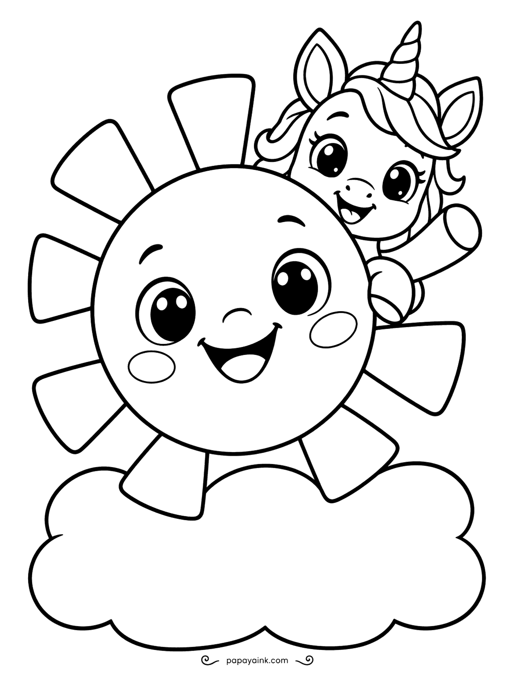 Easy Unicorn Coloring Pages - Unicorn waving from behind a big smiling sun resting on a fluffy cloud.