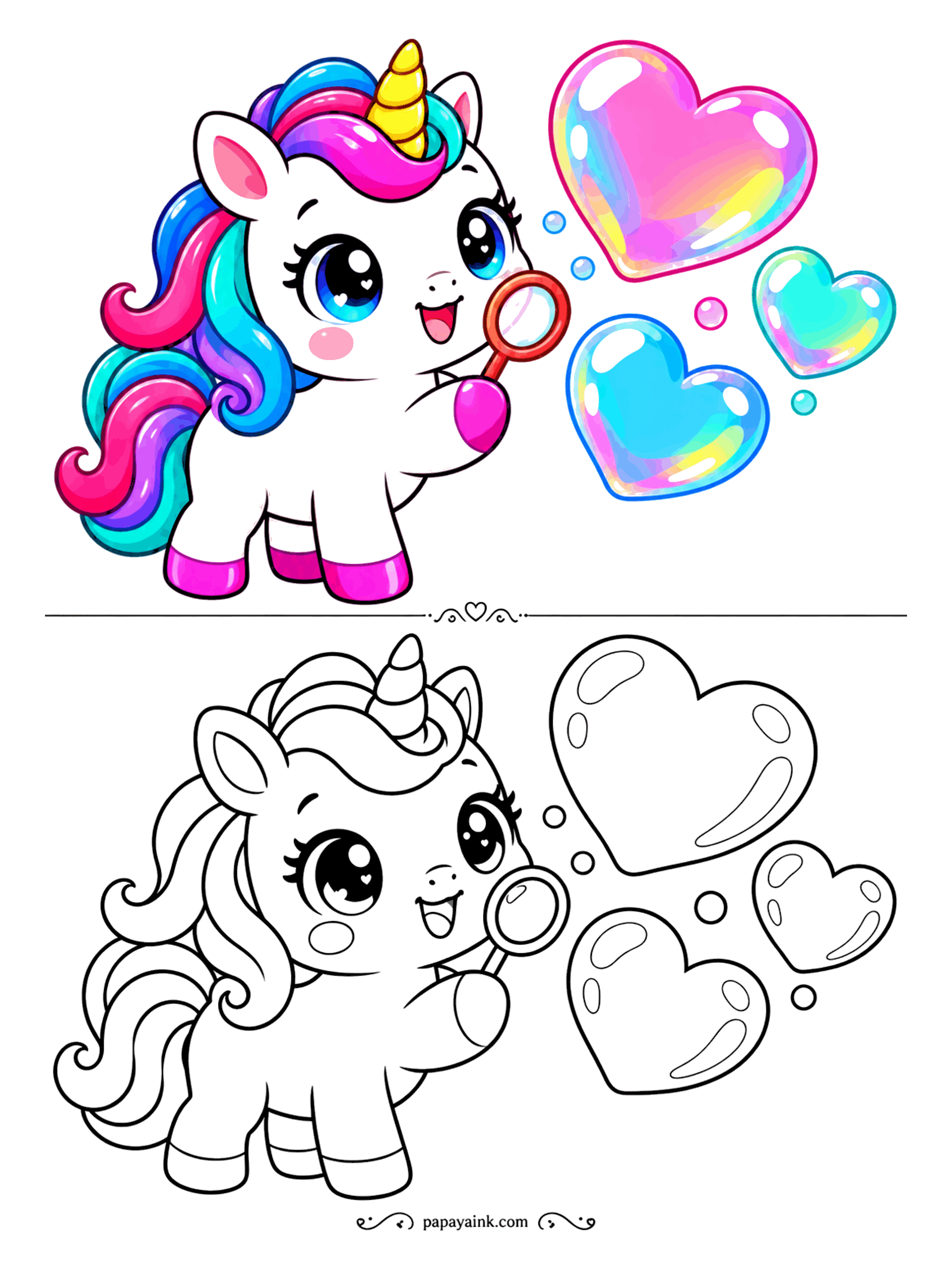 Easy Unicorn Coloring Pages - Unicorn blowing heart-shaped bubbles with a bubble wand.