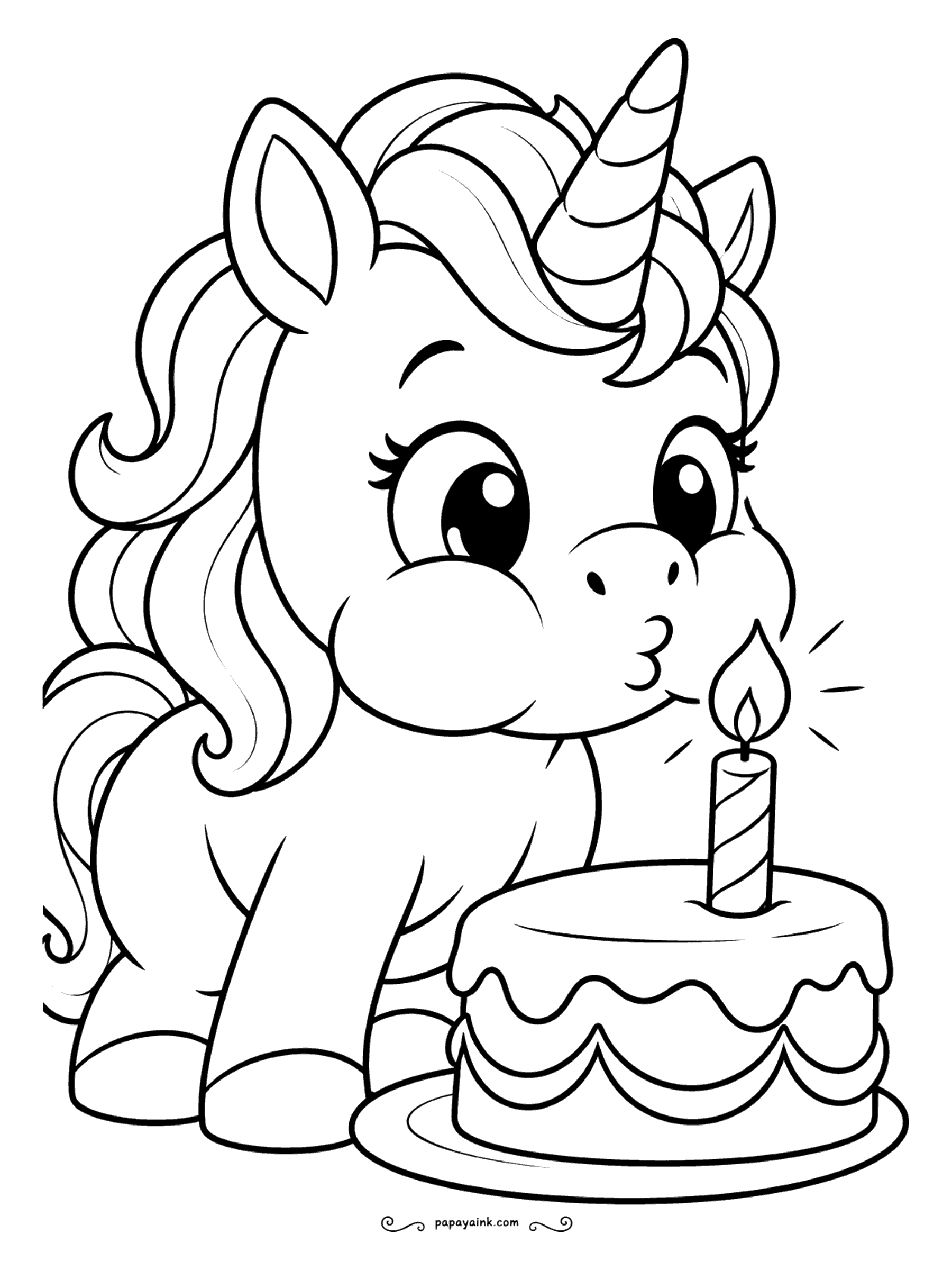 Easy Unicorn Coloring Pages - Birthday unicorn blowing out the candle on a simple layer cake.