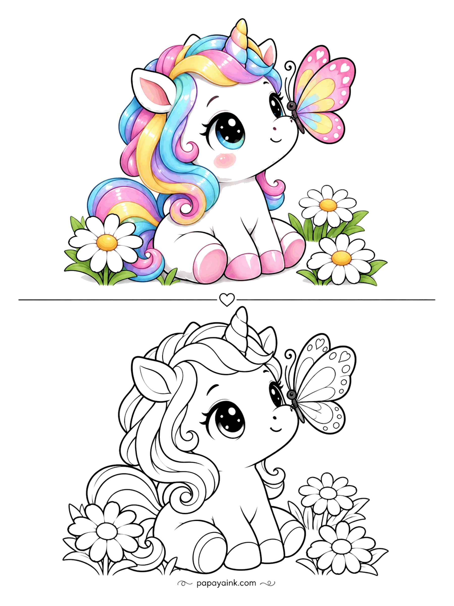 Easy Unicorn Coloring Pages - Hold still: a butterfly has landed on the unicorn's nose, wings open, and she is doing her best not to blink. Daisies on both sides keep it simple; the butterfly wings are the one place to spend all four pastels.