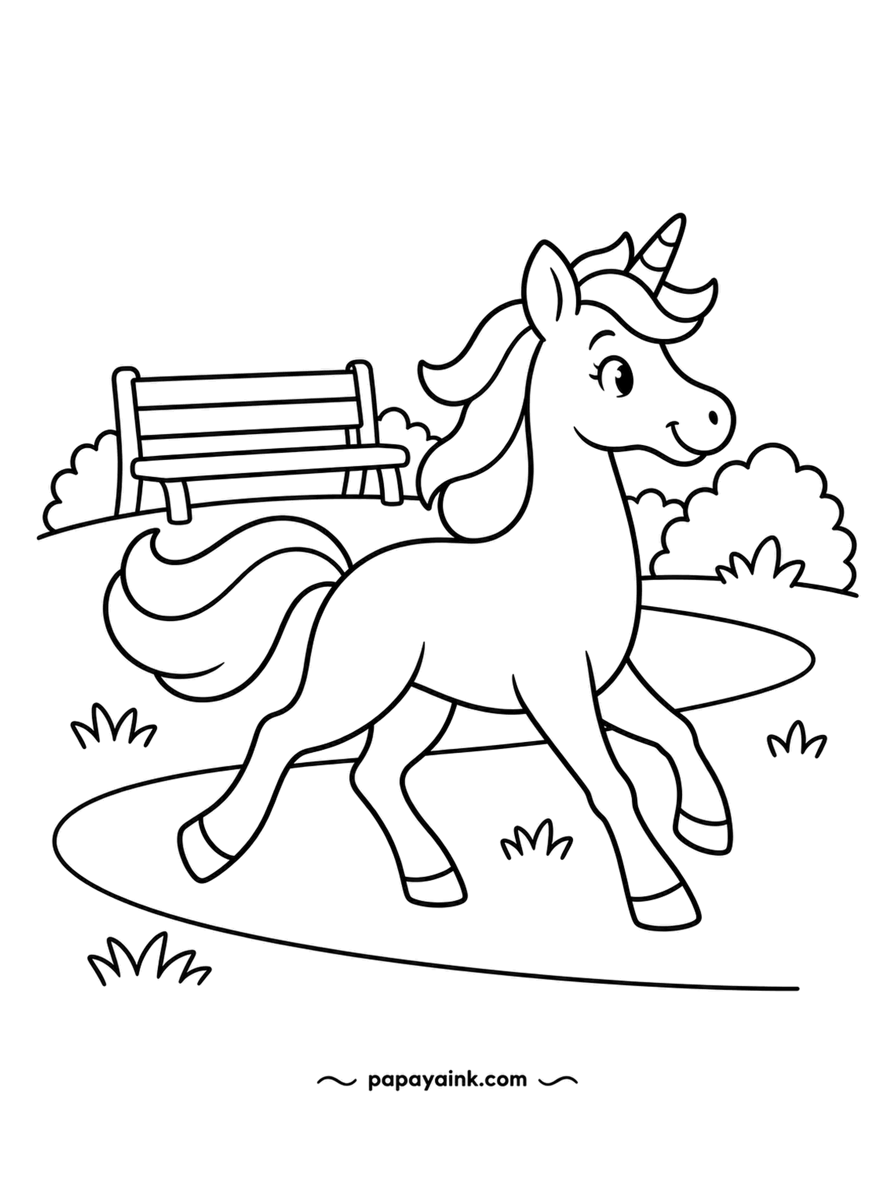 Easy Unicorn Coloring Pages - Nobody is sitting on the park bench this morning, so the unicorn has the whole path to herself and is making the most of it at a canter. Broad outlines and a few tufts of grass - quick to finish.