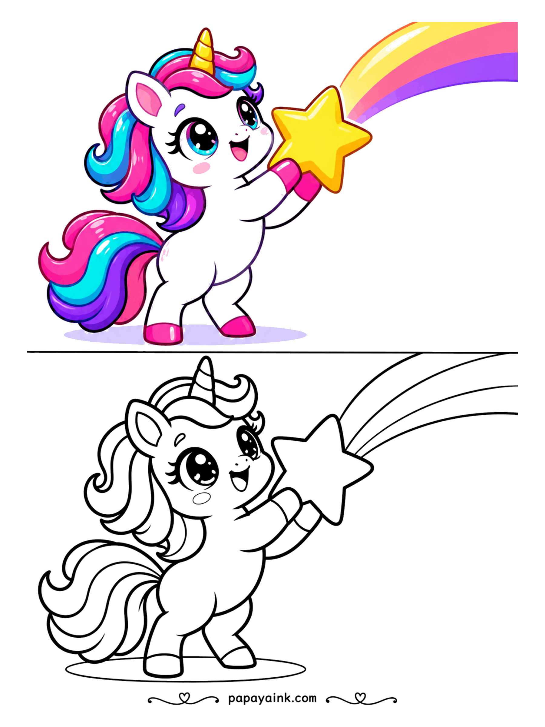 Easy Unicorn Coloring Pages - Excited unicorn catching a shooting star with a rainbow tail.