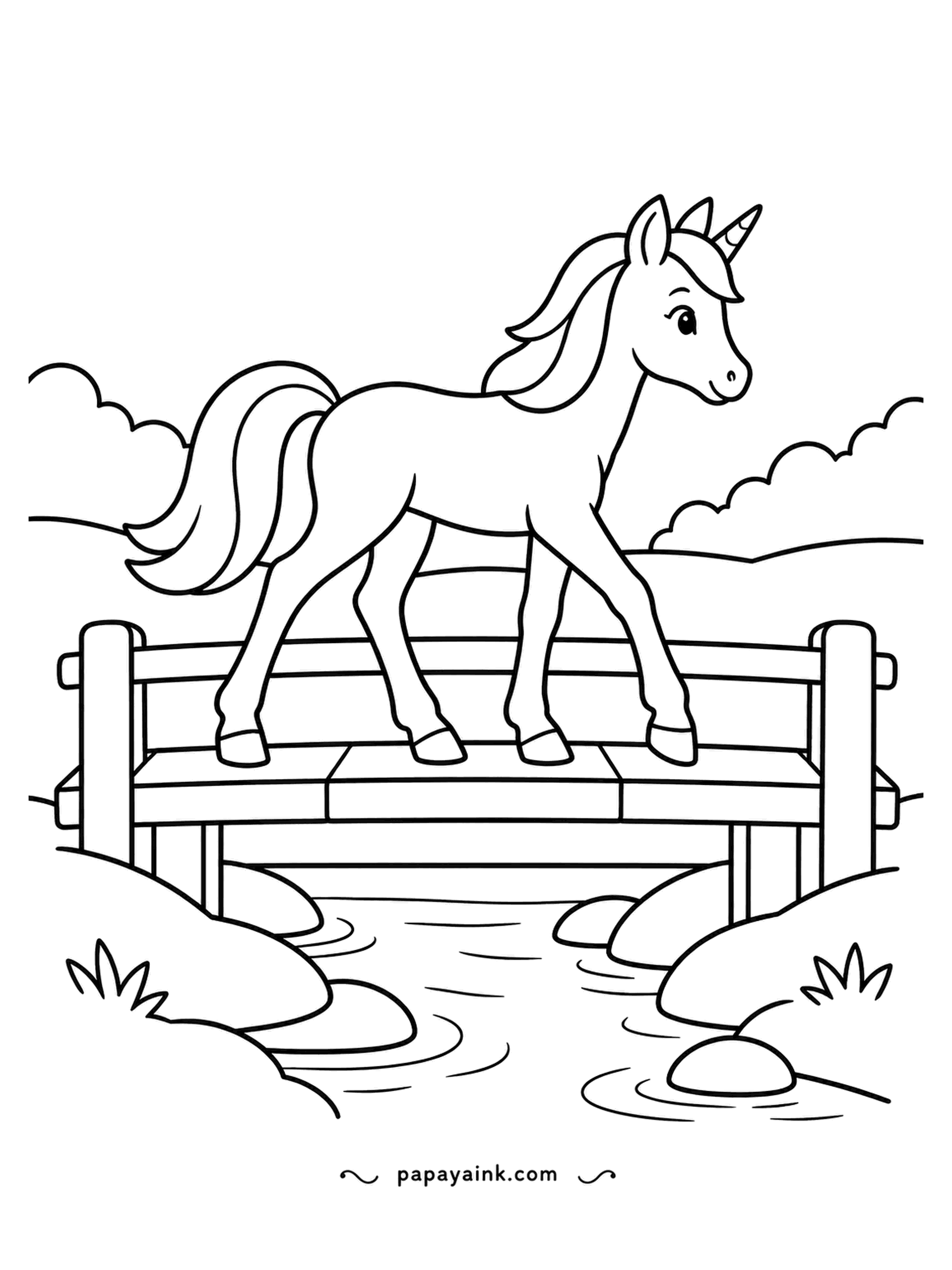 Easy Unicorn Coloring Pages - Wooden planks, a low rail, a stream full of round stones below, and one unicorn crossing with her head held high. Every hoof lands exactly where it should. Cool blue below and warm brown boards make an easy plan.