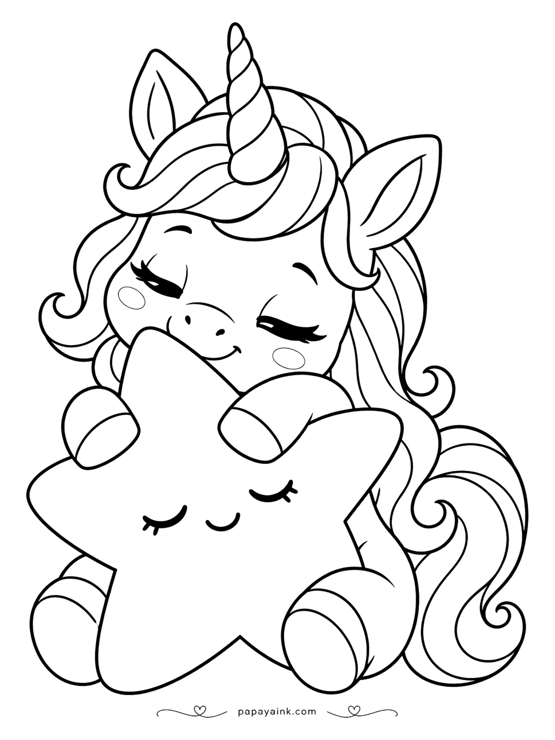 Easy Unicorn Coloring Pages - Drowsy unicorn hugging a big sleepy star like a pillow.