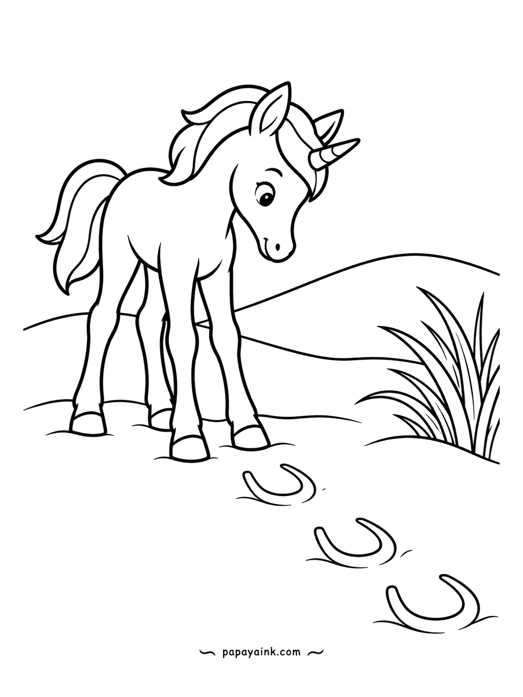 Easy Unicorn Coloring Pages - Somebody walked this way before her, and the prints look suspiciously like her own. She has stopped to investigate. Sandy beige for the ground, one bright shade for the mane.