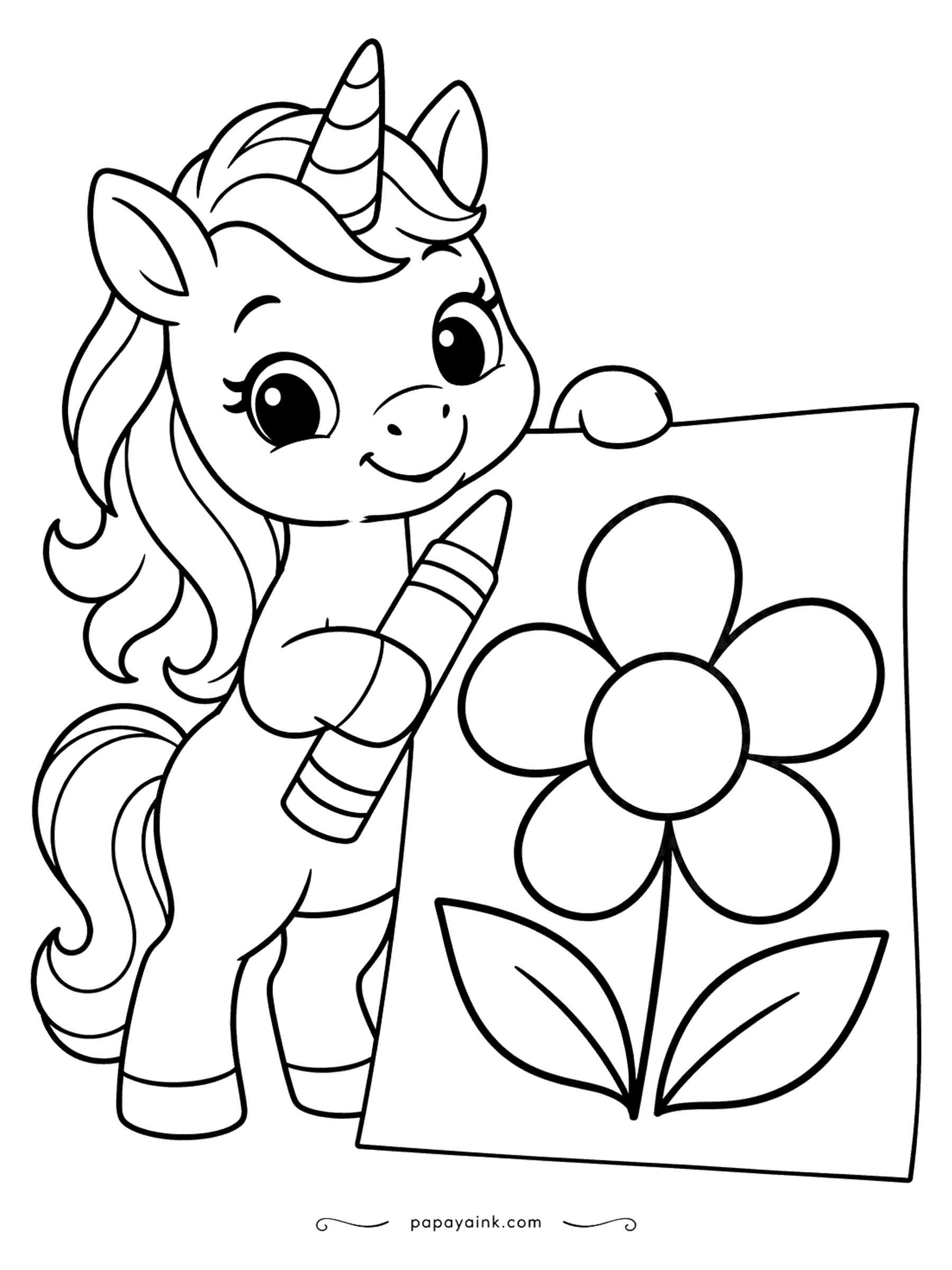 Easy Unicorn Coloring Pages - Proud unicorn holding a crayon next to its own simple flower drawing.