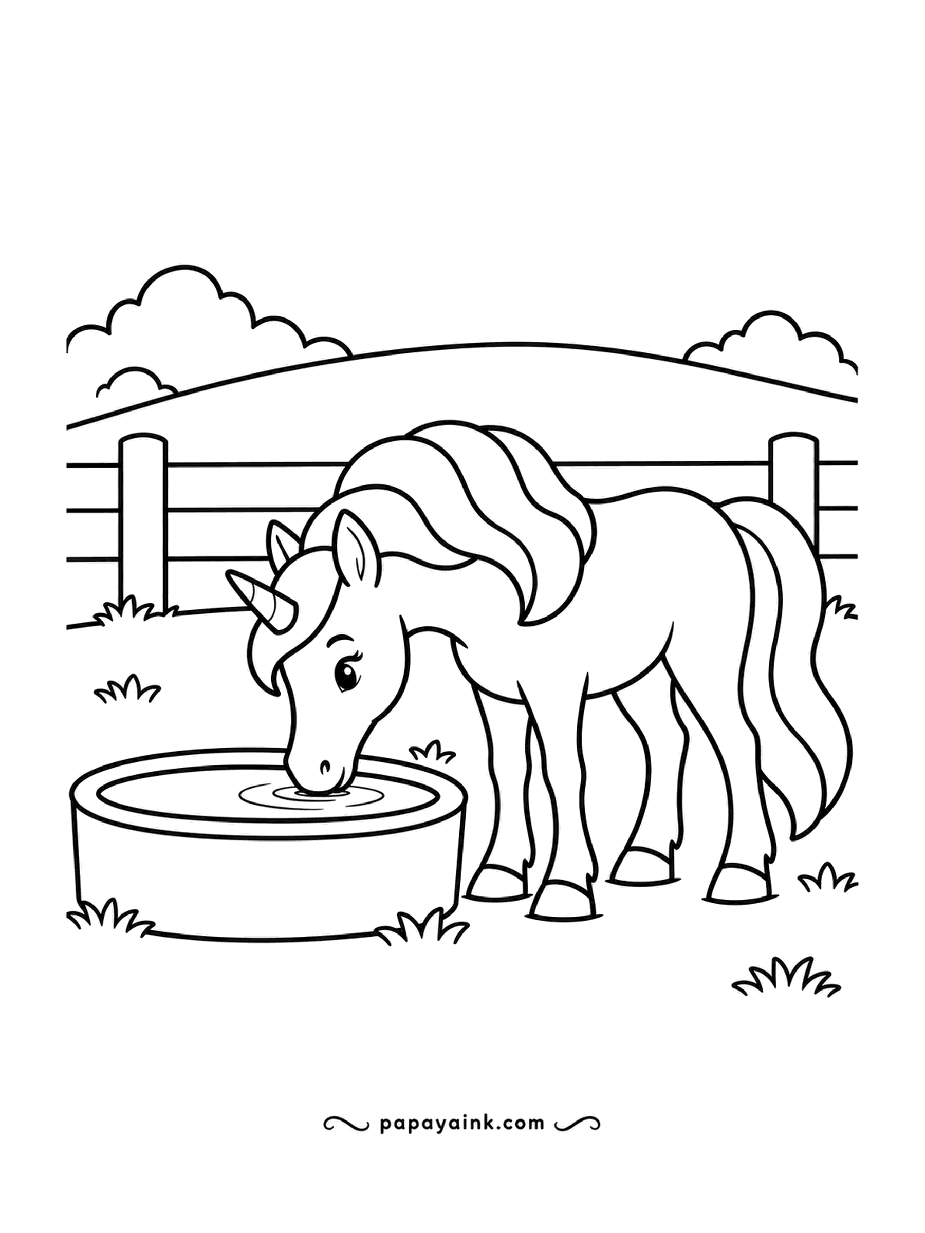 Easy Unicorn Coloring Pages - After a run around the paddock, the round trough by the fence is the first stop. Little ripples spread where her muzzle meets the water. Plenty of white space and only a few lines to follow.