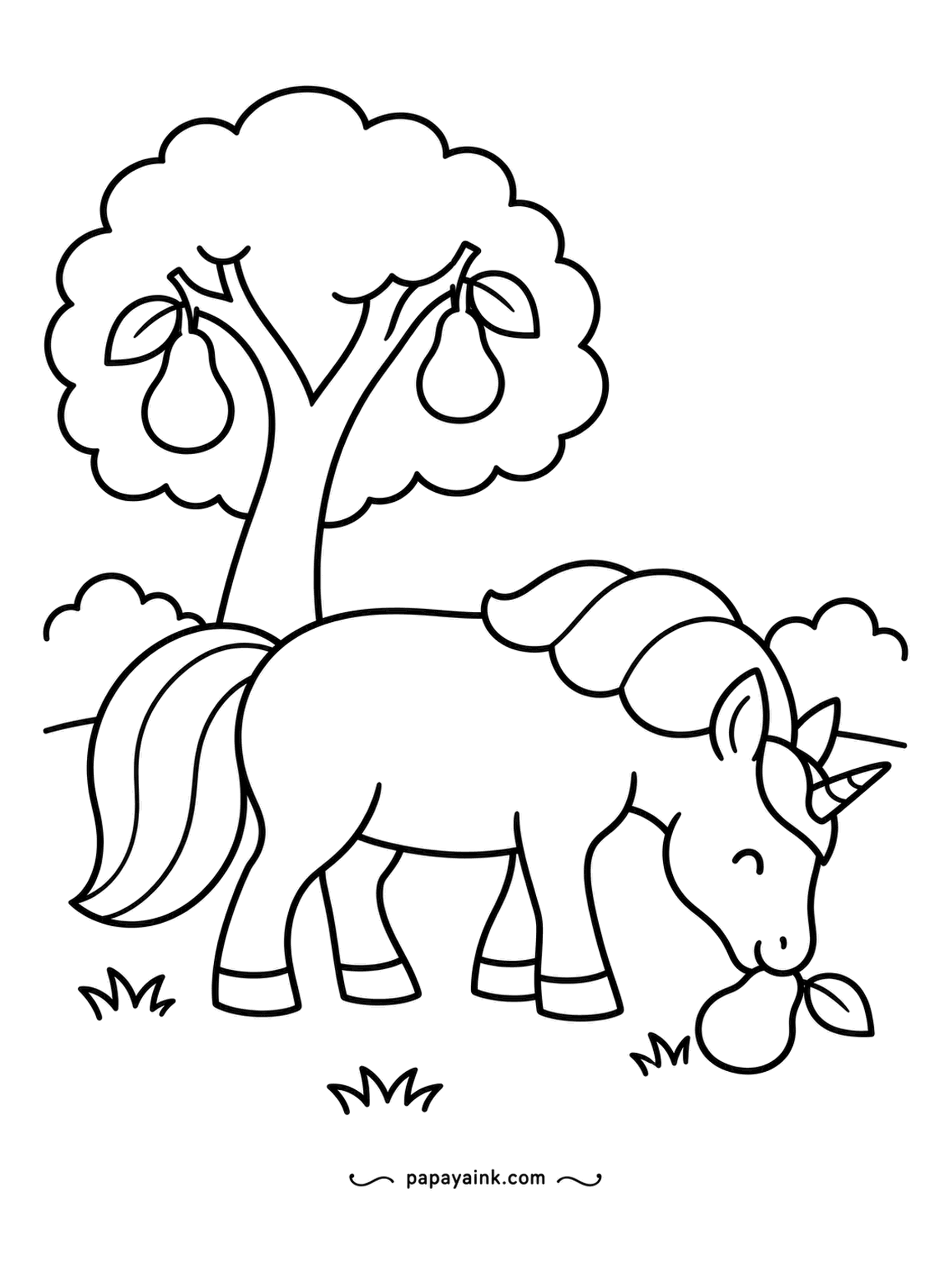 Easy Unicorn Coloring Pages - Up on the branch two pears still hang, but the one that dropped into the grass is already in her mouth. Ripe fruit never lasts long around here. Pale yellow-green pears and a leafy crown.