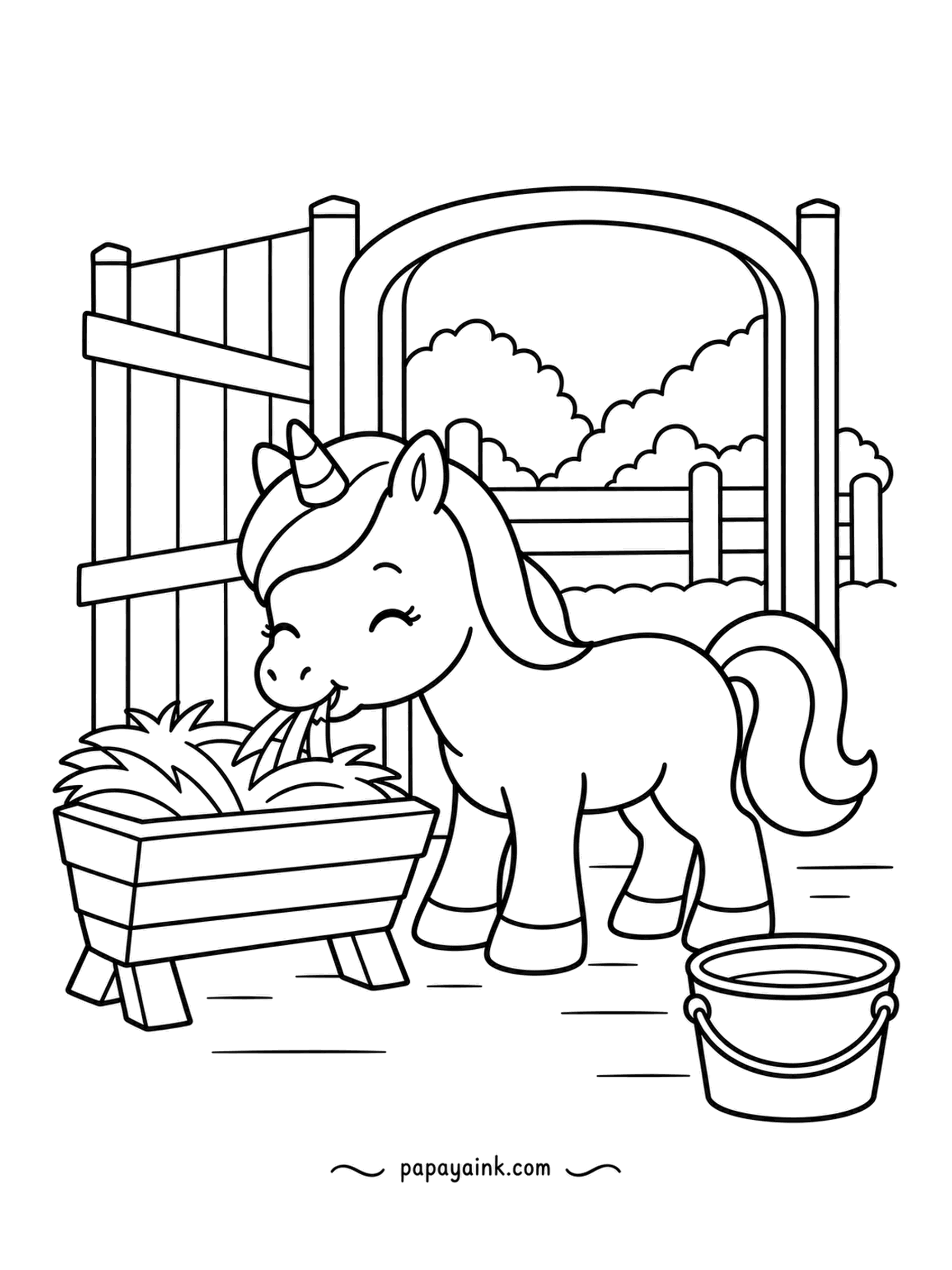 Easy Unicorn Coloring Pages - Breakfast is hay from the wooden manger, with a bucket of water for afterward. Eyes squeezed shut, she chews as if it were the best meal of the week. Golden yellow hay is the obvious place to start.