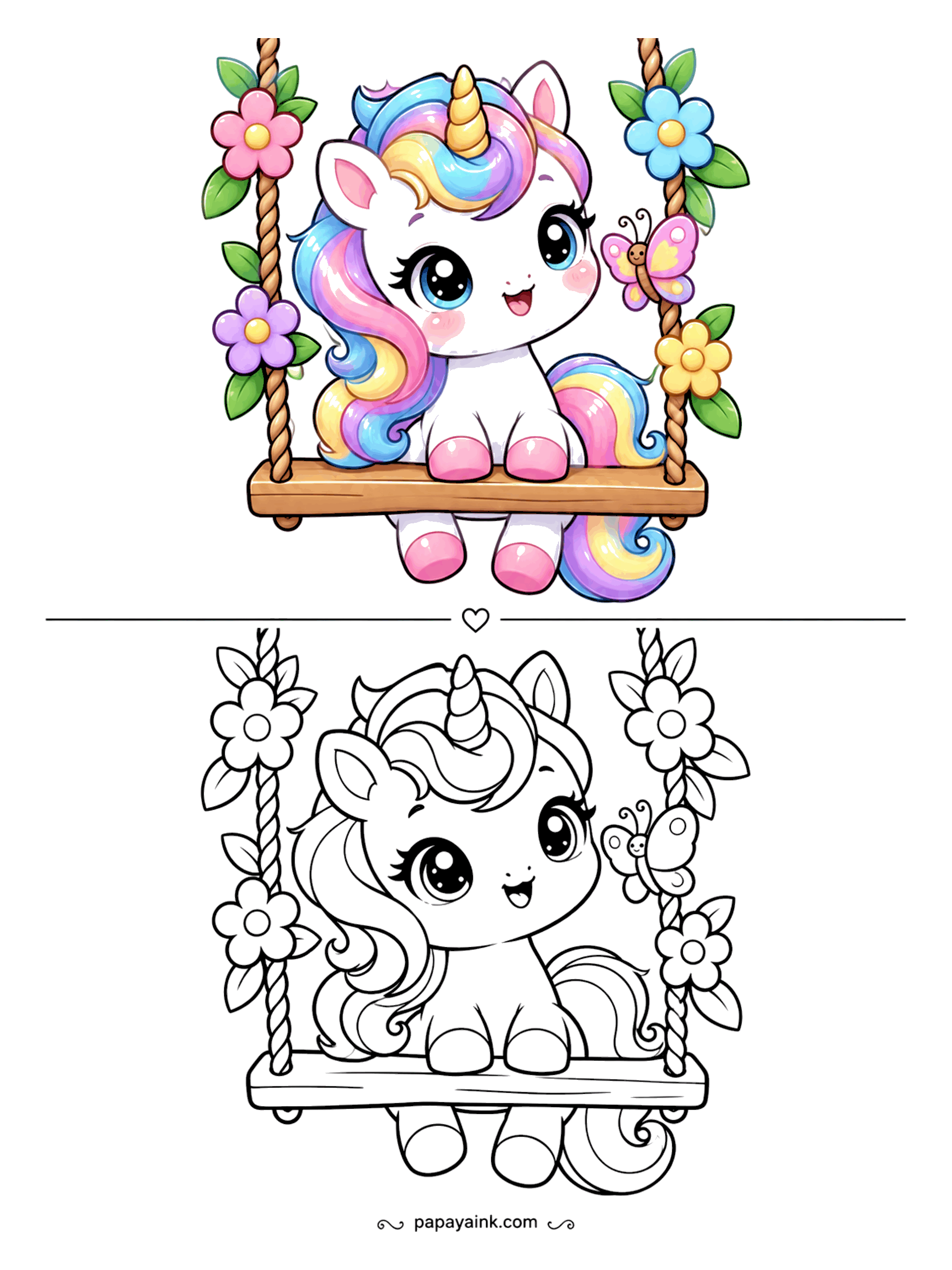 Easy Unicorn Coloring Pages - A rope swing wrapped in flowers, a baby unicorn mid-giggle, and a butterfly that came to see what the noise was. Two flowers climb each rope - pink and lavender up one side, blue and yellow up the other.