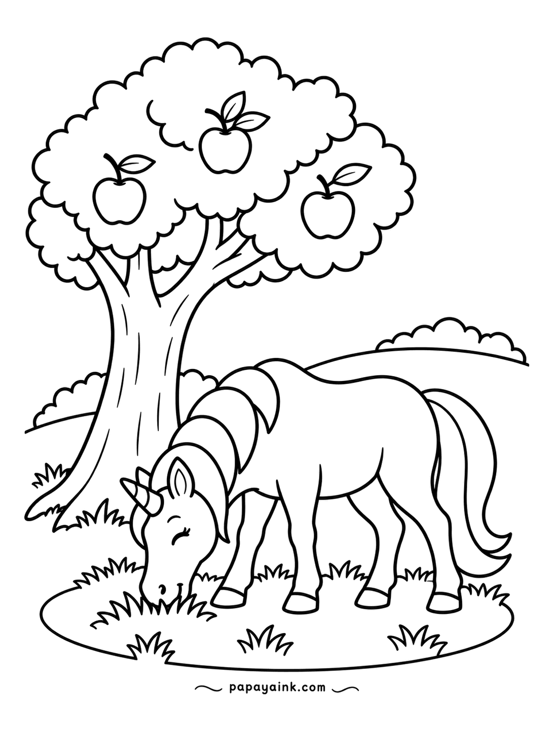 Easy Unicorn Coloring Pages - Three red apples hang just out of reach, so the unicorn settles for the grass under the tree. She seems happy with the trade. Puffy leaf clusters for the crown - easy and satisfying to fill.