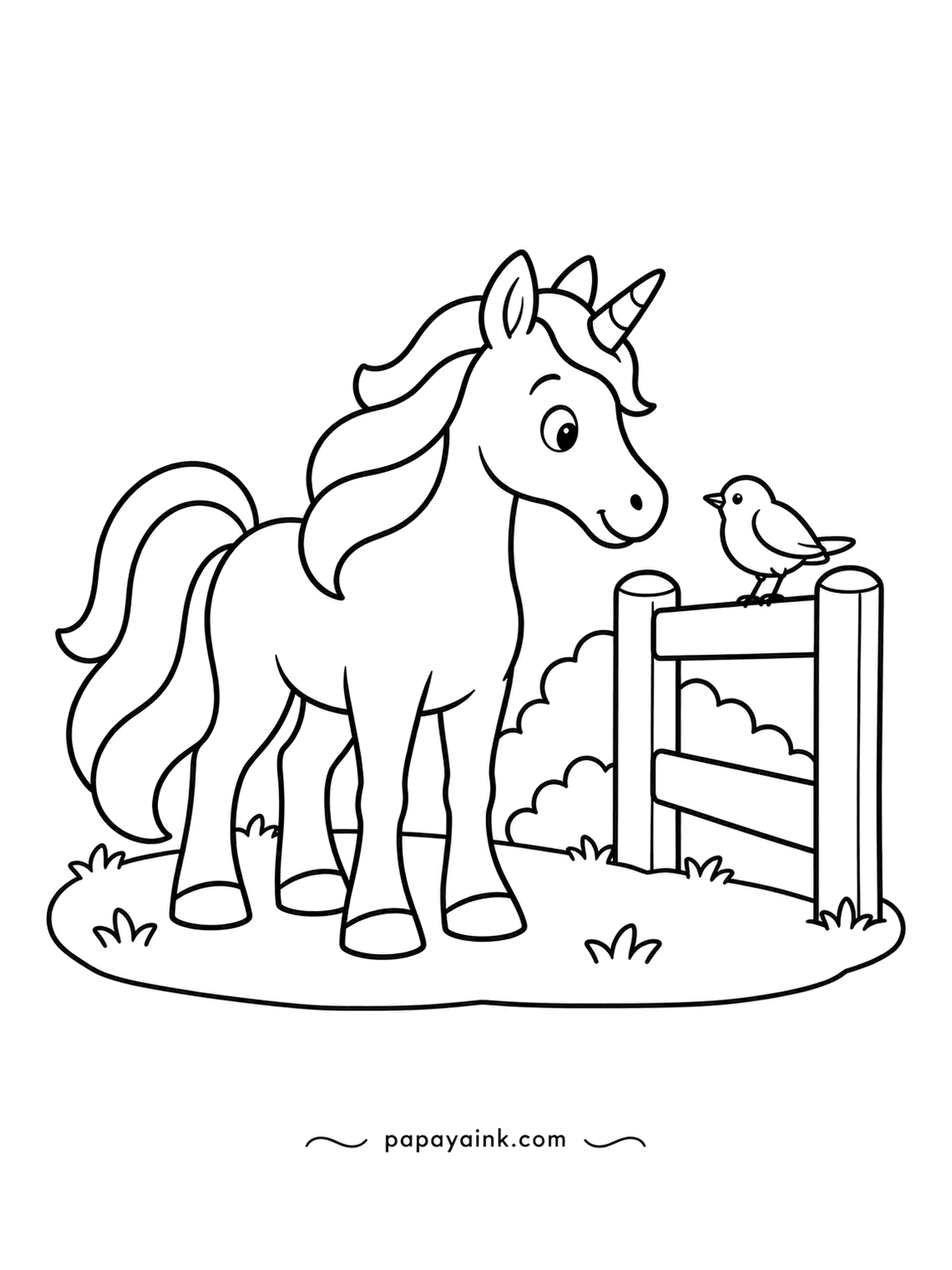 Easy Unicorn Coloring Pages - A robin has landed on the gate, and the unicorn leans in for a polite hello. Neither of them is in any hurry. Give the bird an orange chest and keep everything else soft.