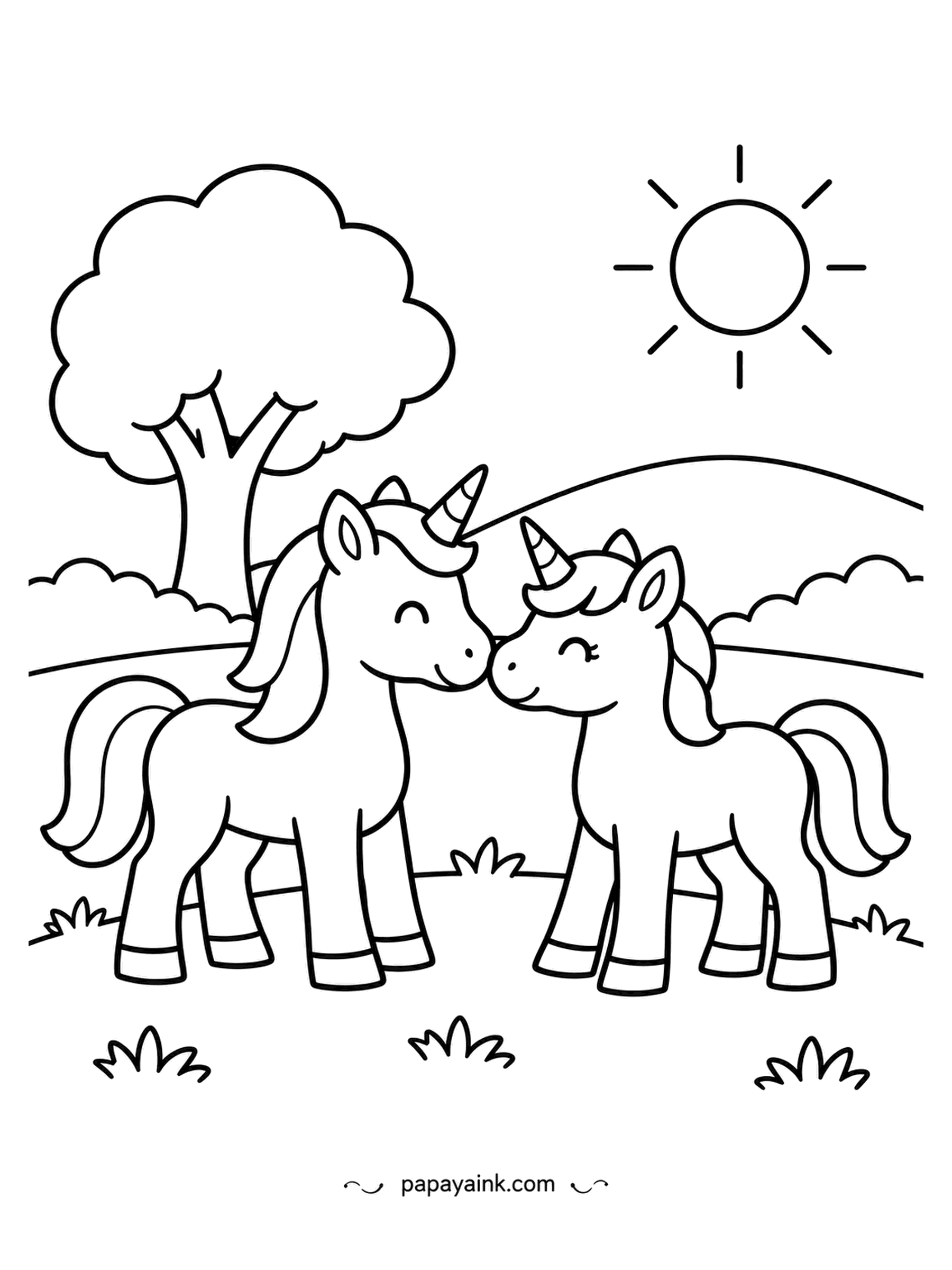 Easy Unicorn Coloring Pages - Nose to nose under a bright sun, two young friends say hello the way horses do. Both look delighted. Give each one a different mane color so they stand apart.