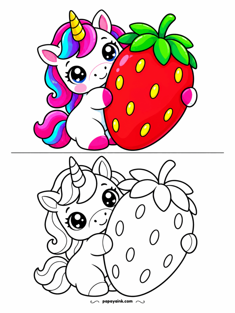 Easy Unicorn Coloring Pages - Baby unicorn hugging a giant strawberry, with big seeds and simple leaves that are easy to fill.