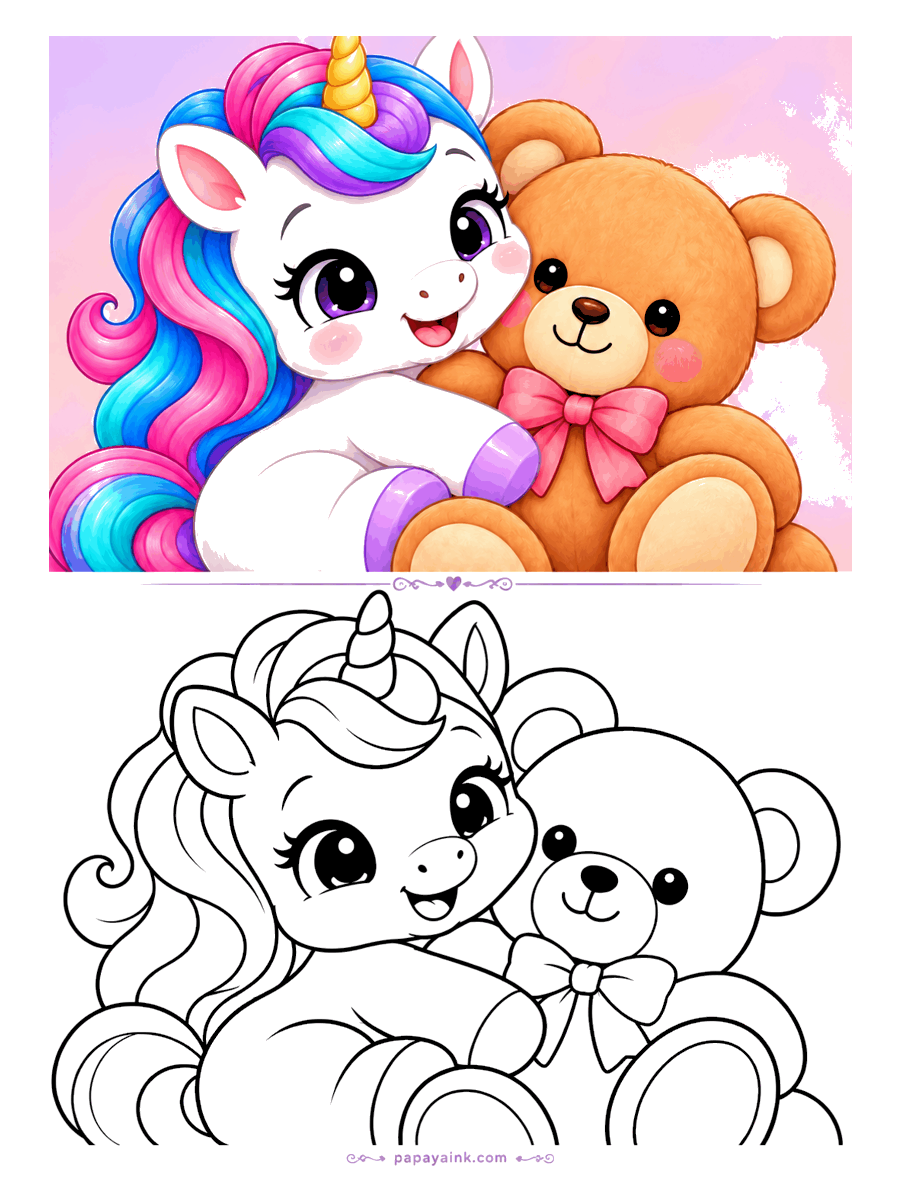 Easy Unicorn Coloring Pages - Smiling unicorn cuddling a big teddy bear with a bow tie.