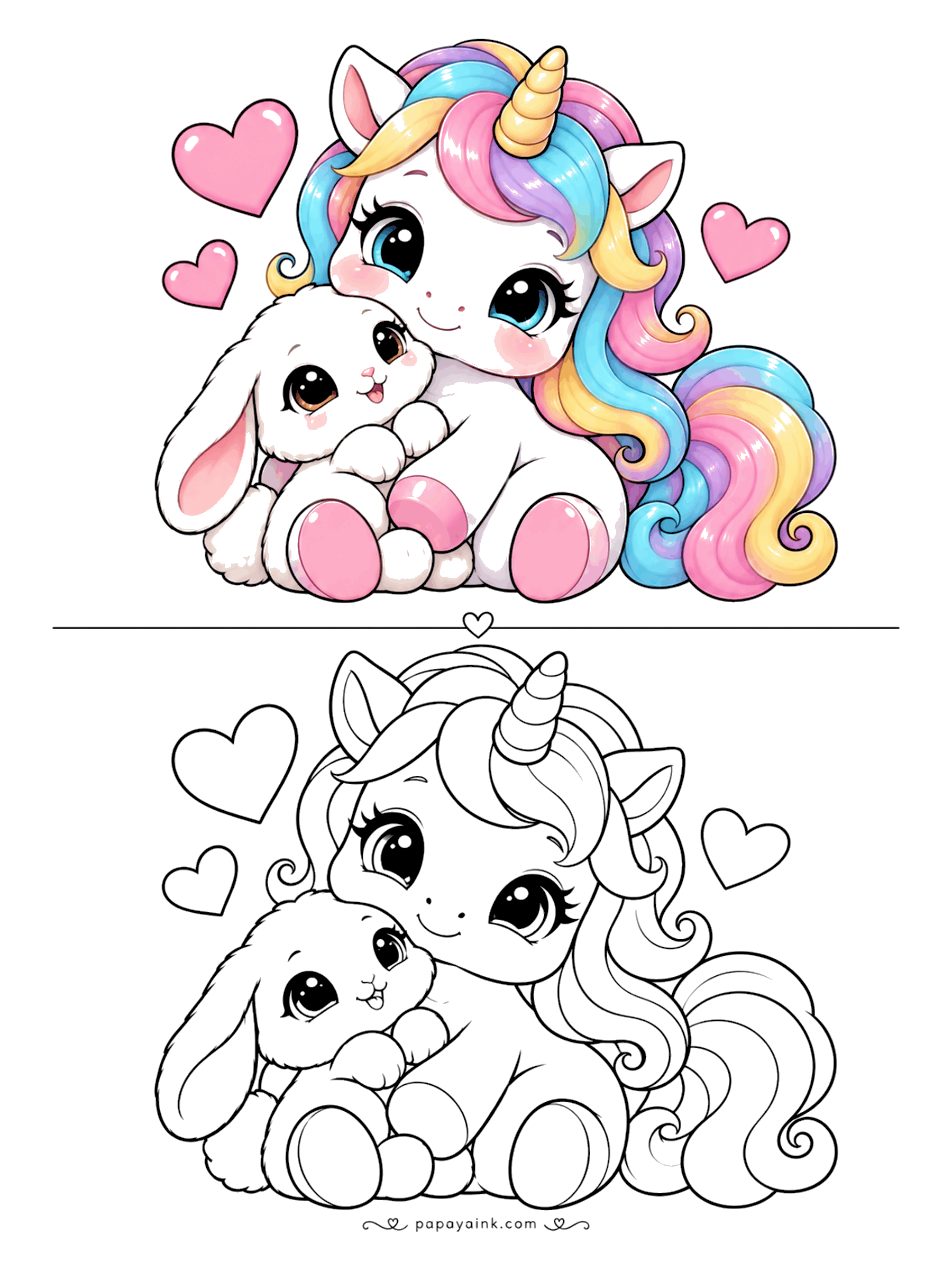 Easy Unicorn Coloring Pages - Cheek to cheek with a floppy-eared bunny, and three hearts drifting up to say what the pose already says. The unicorn's mane carries the full rainbow in the colored half - pencil it in the same order, cyan first, then lavender, then the warm ones.