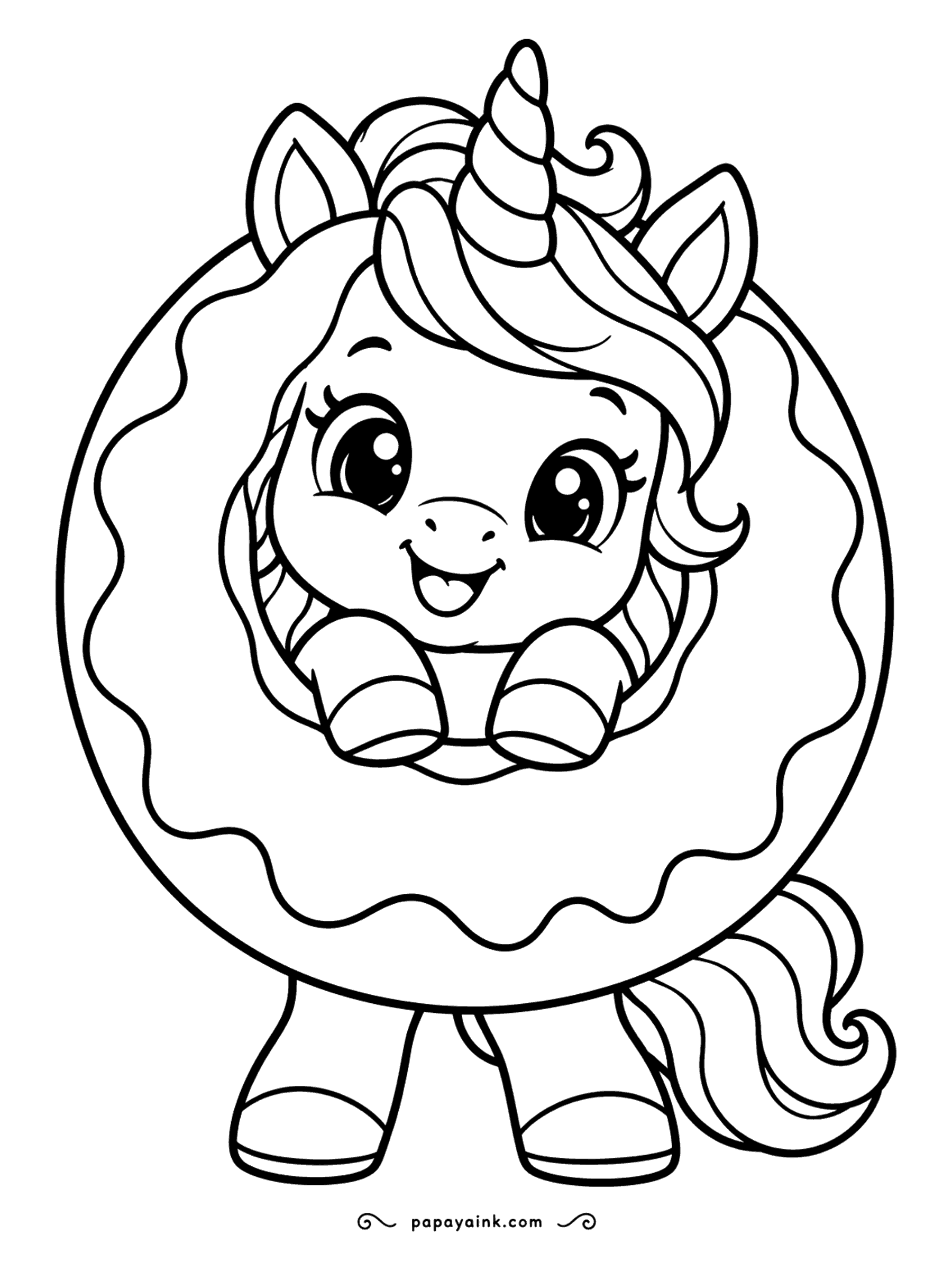 Easy Unicorn Coloring Pages - Happy unicorn peeking out of a giant frosted donut, with a wavy glaze line that is easy to fill.