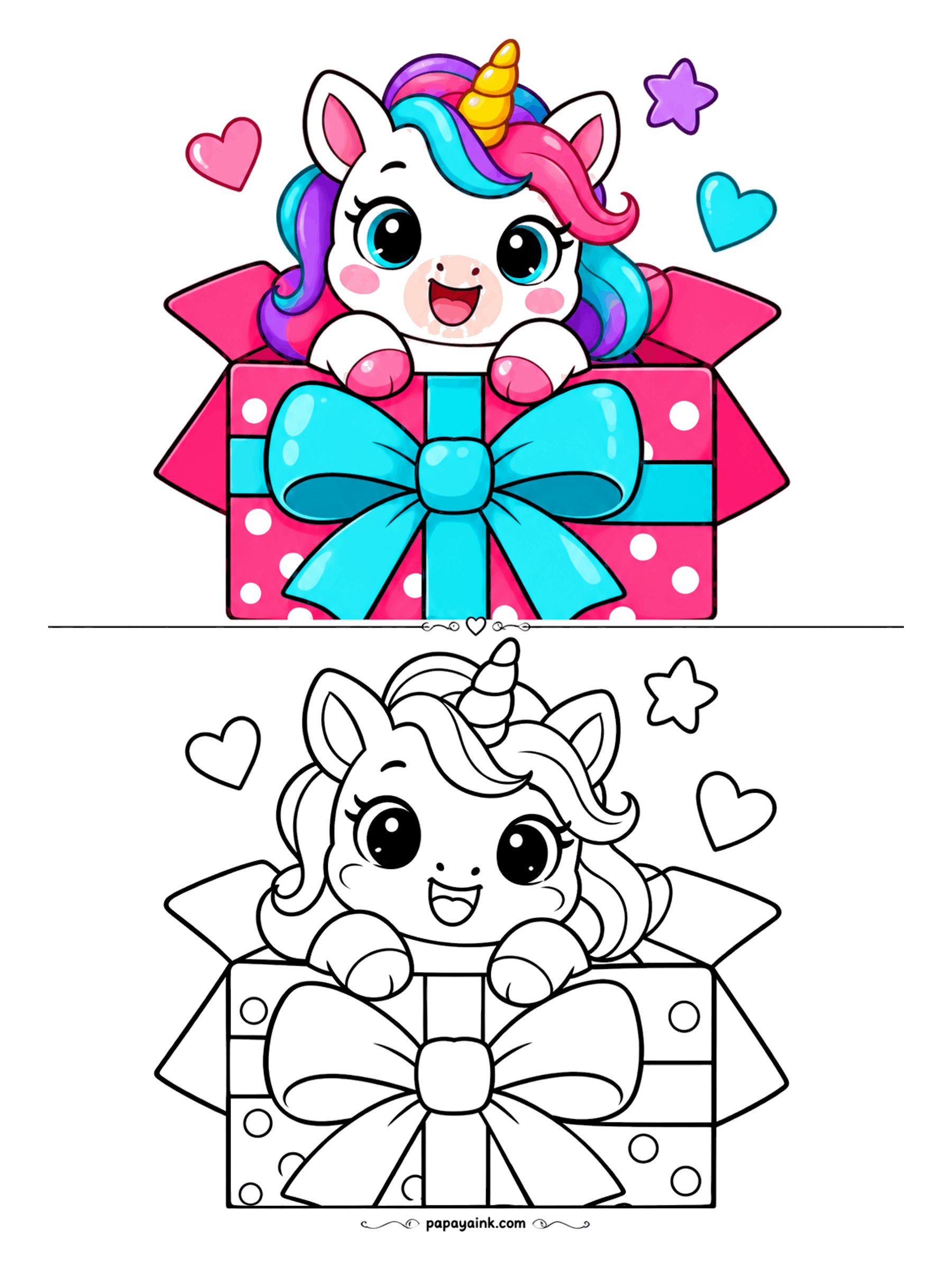 Easy Unicorn Coloring Pages - Surprise unicorn popping out of a polka dot gift box with a big bow.