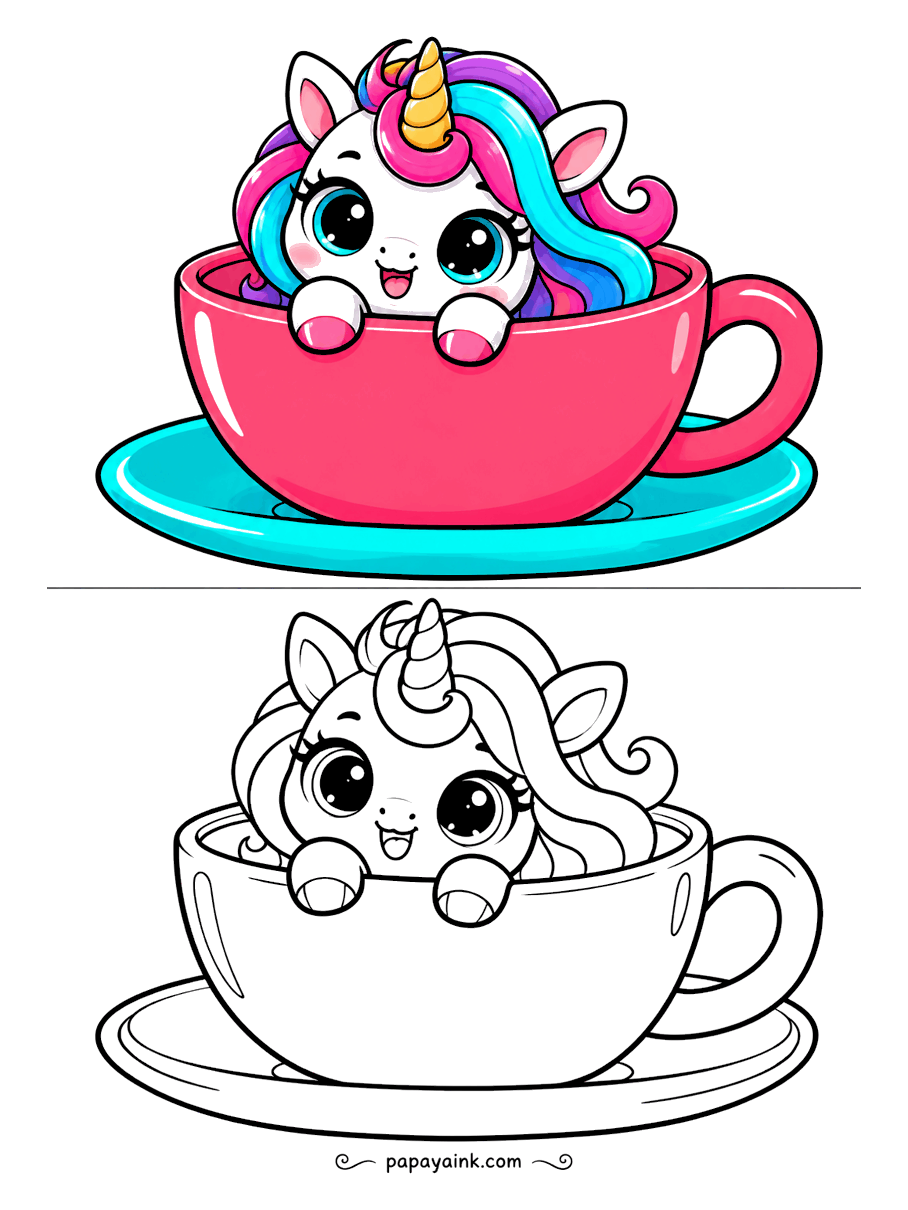 Easy Unicorn Coloring Pages - Sweet unicorn sitting in a big teacup on a saucer.