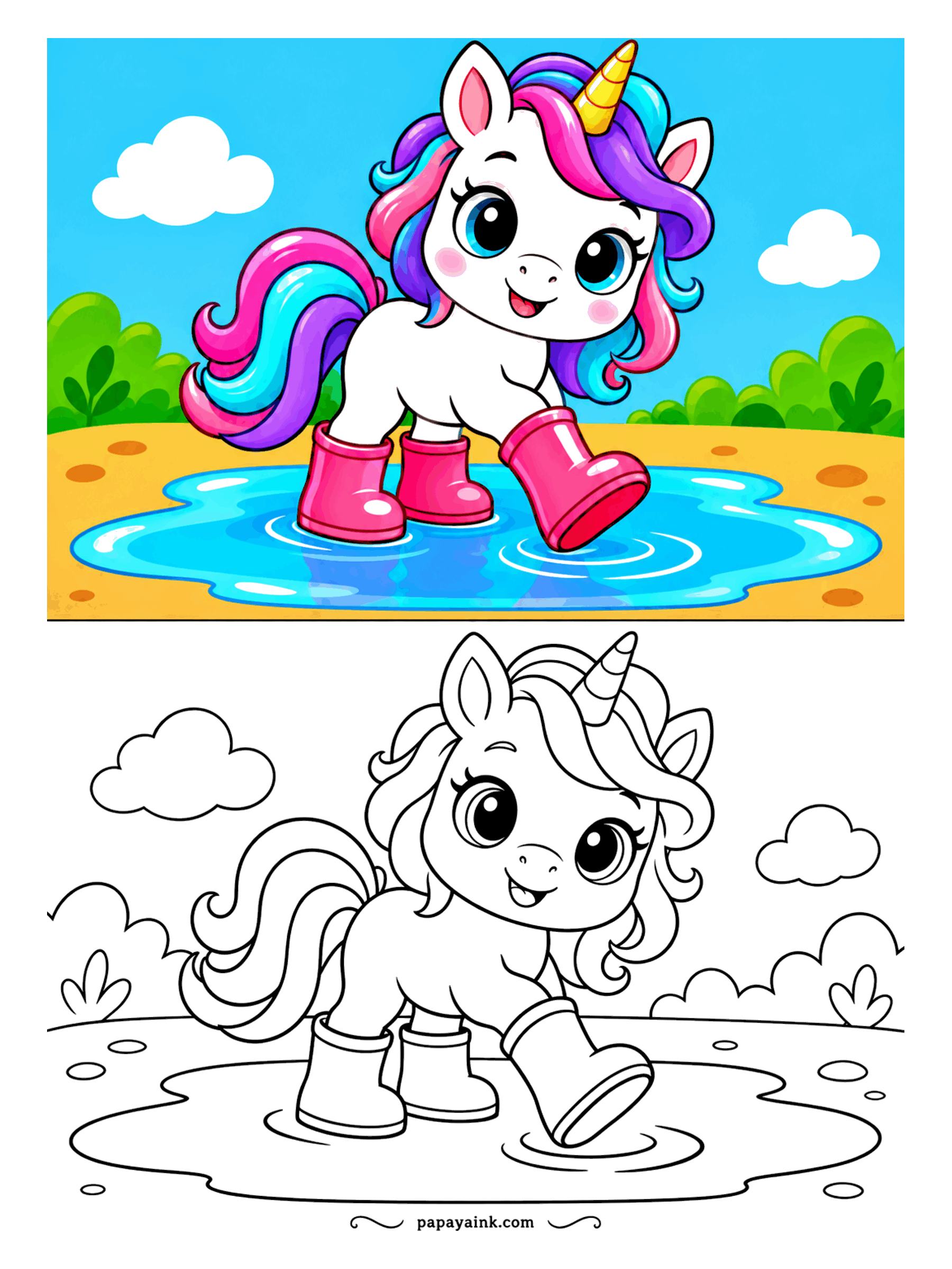 Easy Unicorn Coloring Pages - Playful unicorn in rain boots stomping through a puddle on a sunny day.