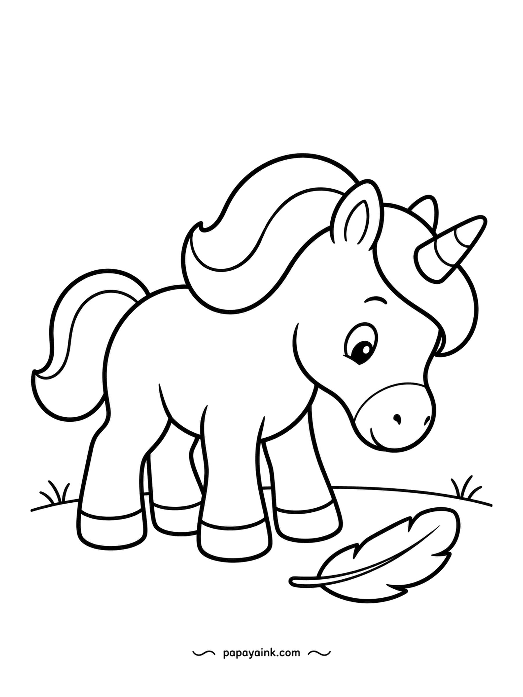 Easy Unicorn Coloring Pages - What fell out of the sky? A single feather has landed by her hooves, and the chubby foal leans down for a closer look. Thick outlines and almost no background - a page for chunky crayons.