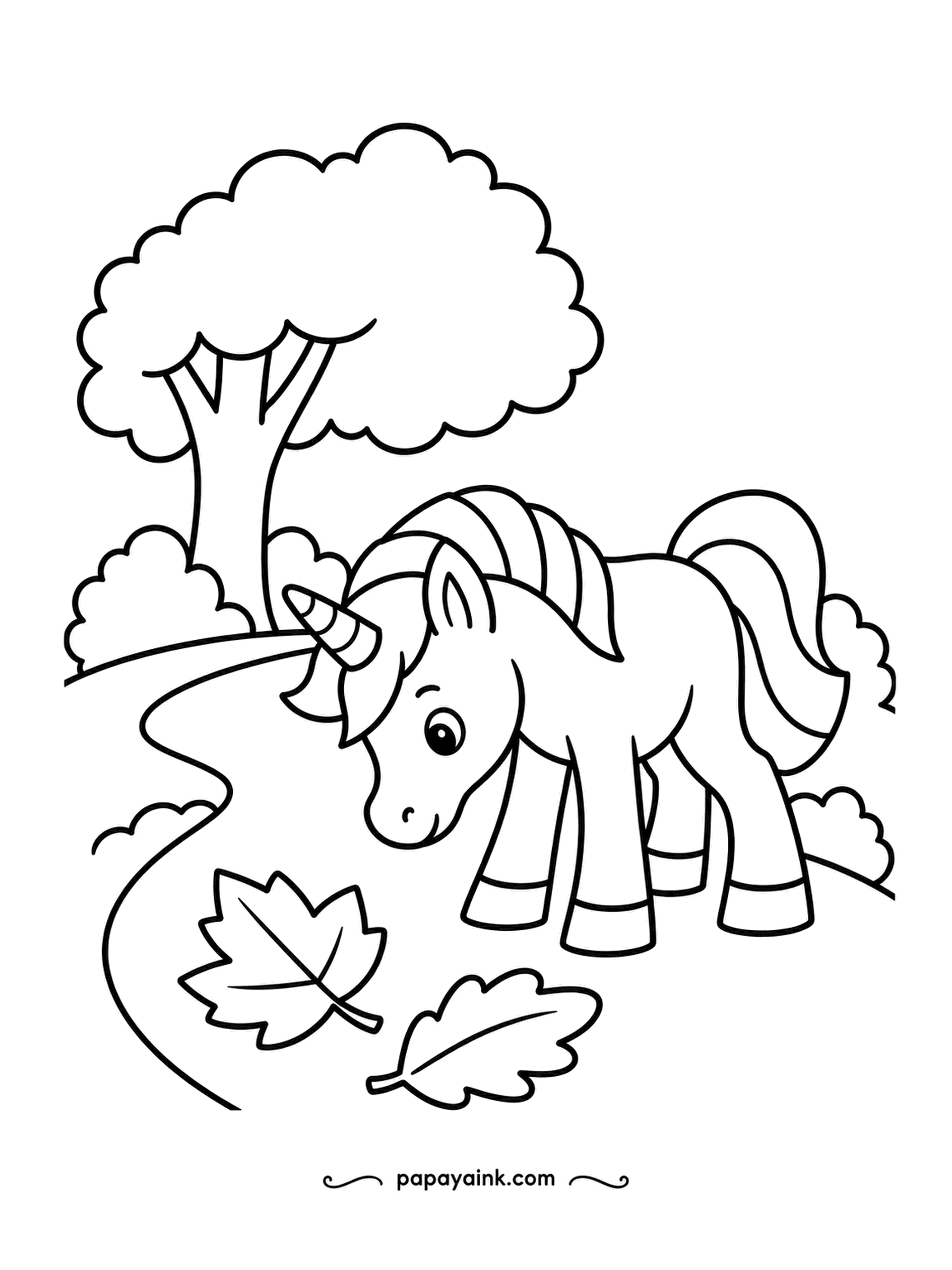 Easy Unicorn Coloring Pages - Two fallen leaves on the path, one maple and one oak, and the foal is studying them with great care. A good page for practicing warm colors - red, orange and rusty brown.