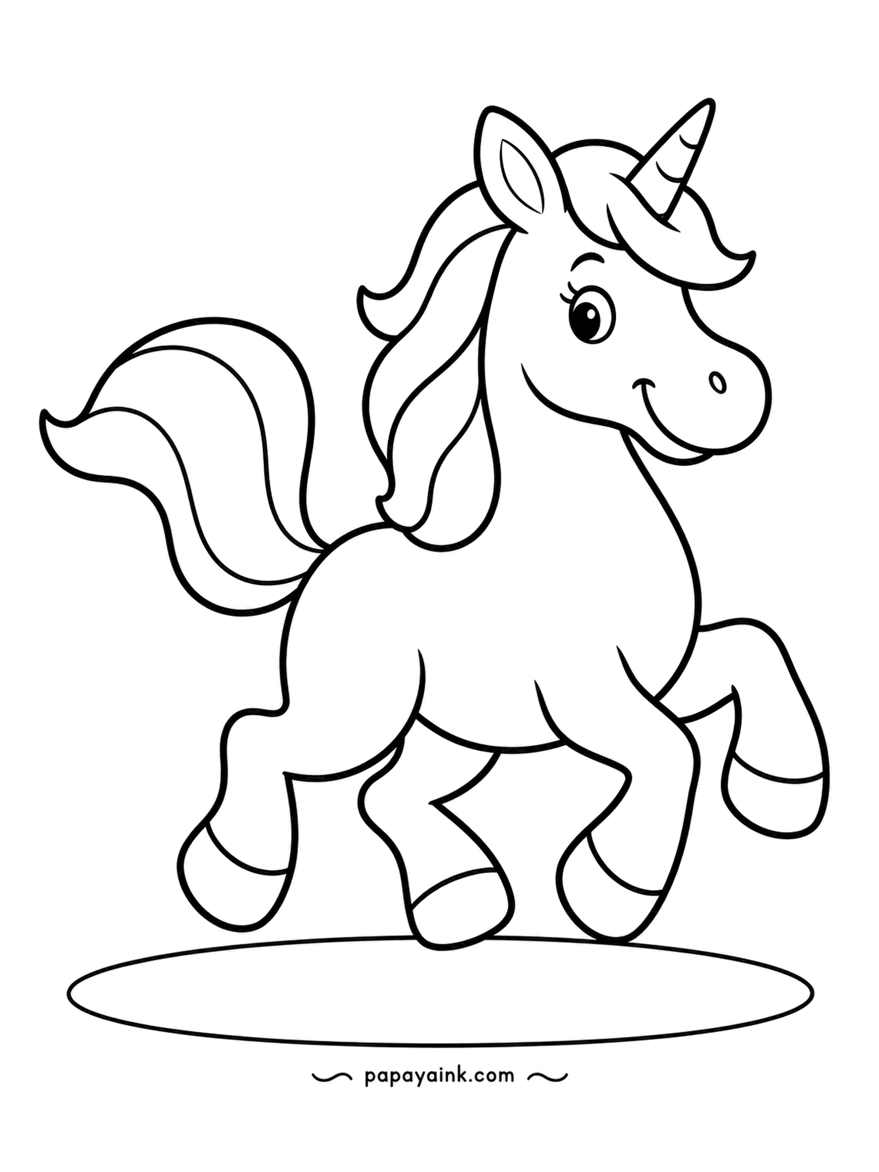 Easy Unicorn Coloring Pages - No scenery, no audience, just a happy hop to one side for the fun of it. The grin says it all. A single large figure - ideal for little colorers learning to stay inside the lines.