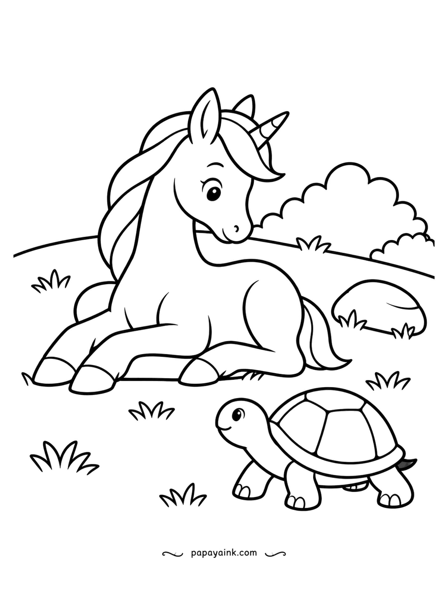 Easy Unicorn Coloring Pages - Lying in the grass, the unicorn watches a tortoise stroll past at its own pace. Neither is in a rush. The shell is a ready-made pattern - color each plate a different leafy shade.
