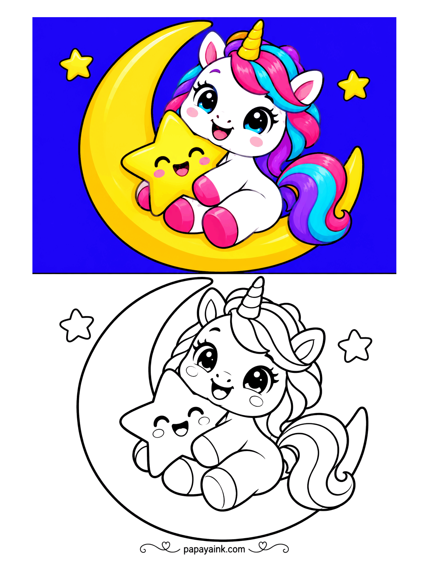 Easy Unicorn Coloring Pages - Unicorn sitting on a crescent moon and hugging a smiling star.