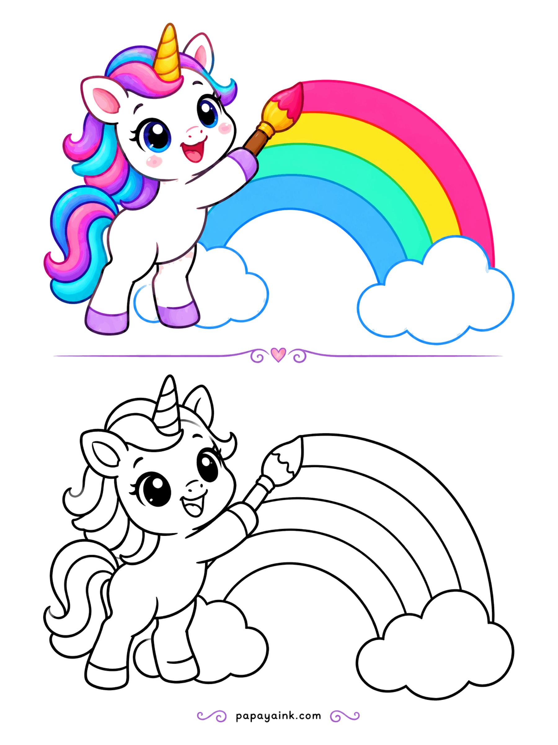 Easy Unicorn Coloring Pages - Little unicorn painting a rainbow between two clouds with a big brush.