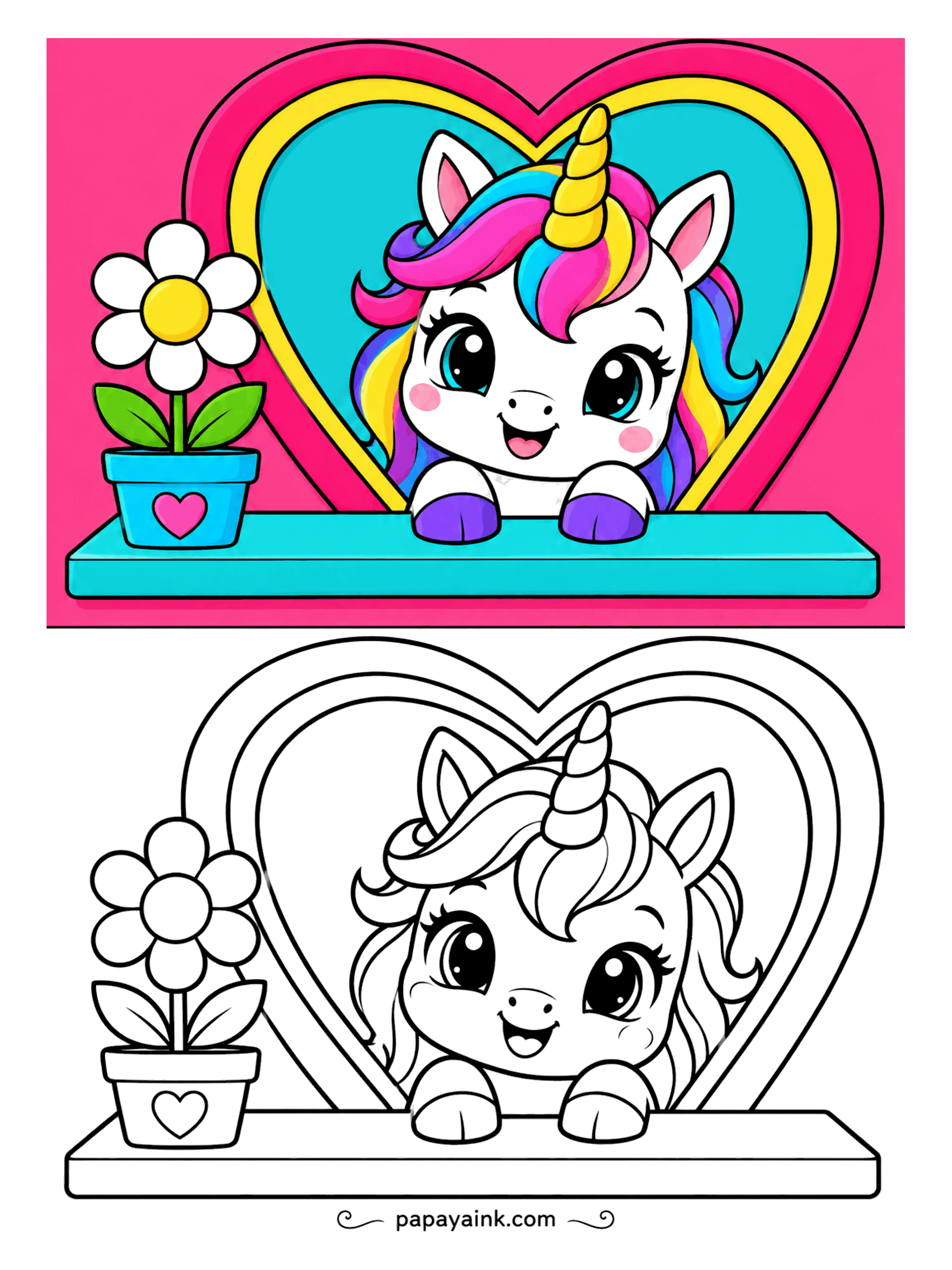 Easy Unicorn Coloring Pages - Unicorn peeking out of a heart-shaped window next to a potted daisy.