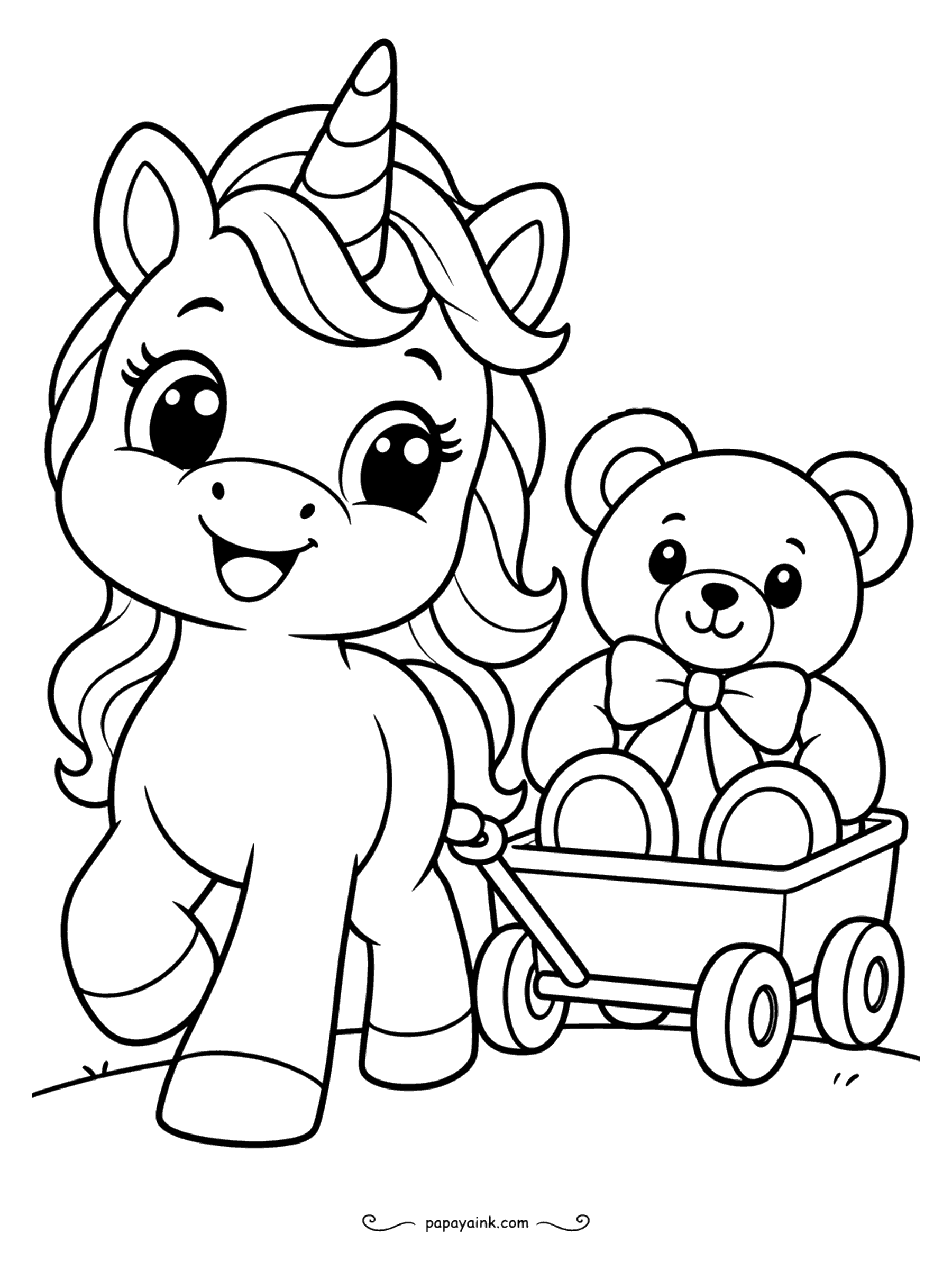 Easy Unicorn Coloring Pages - Unicorn pulling a teddy bear with a bow tie in a little wagon.