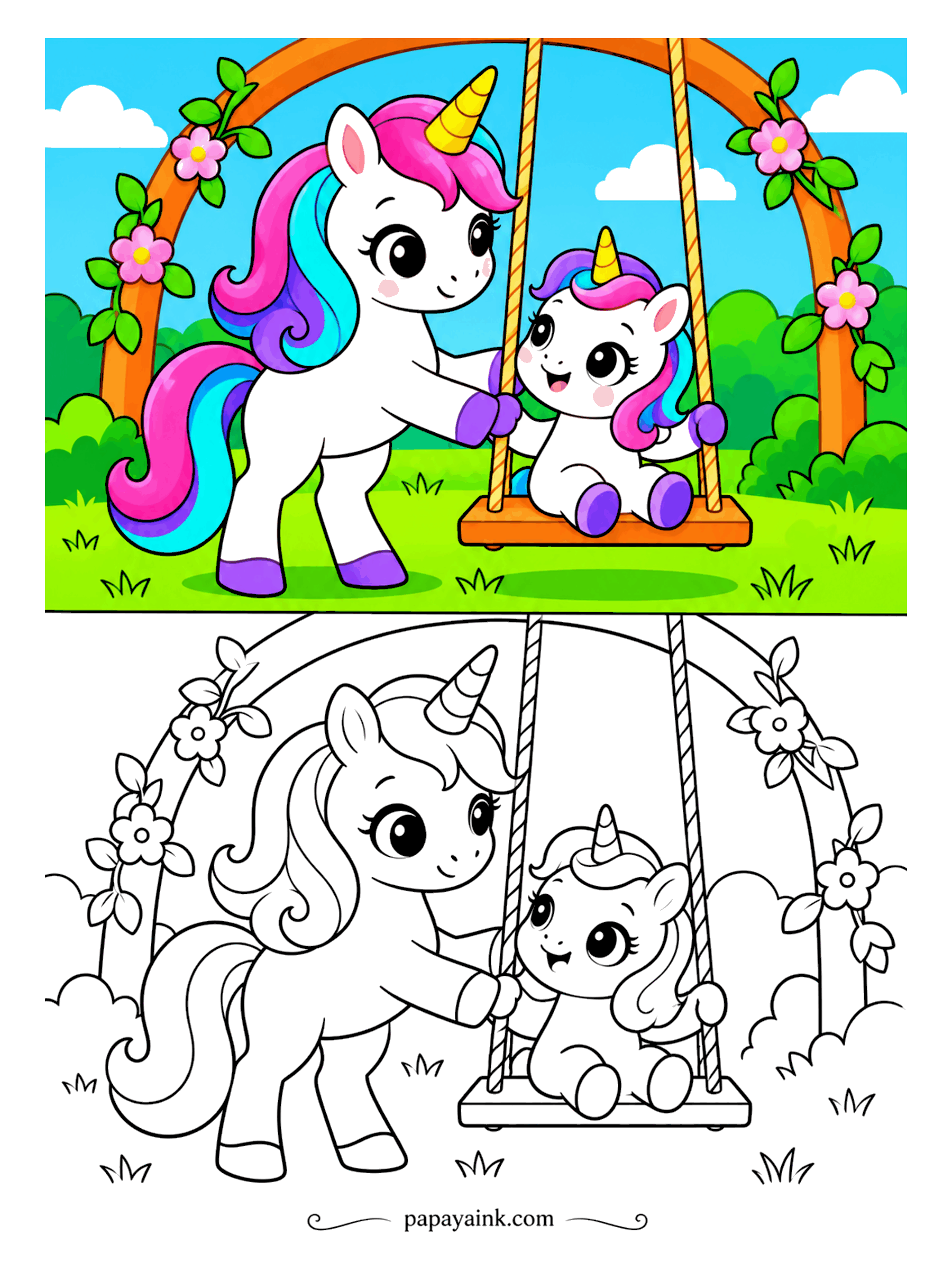 Easy Unicorn Coloring Pages - Unicorn pushing a baby unicorn on a garden swing under a flower arch.