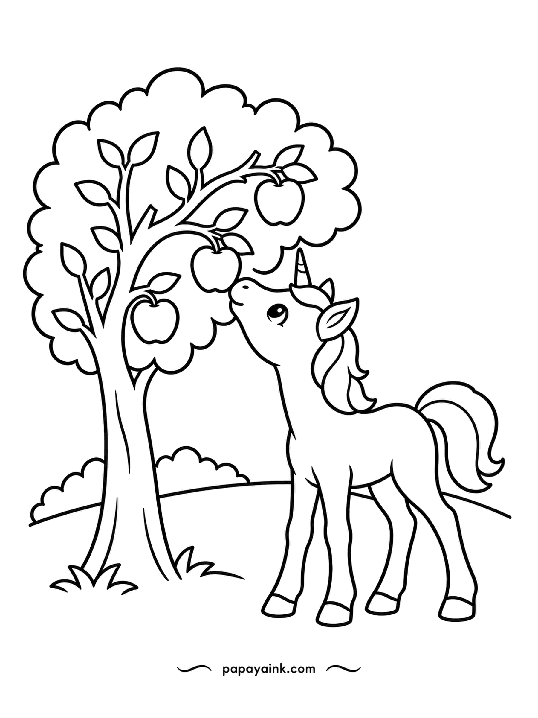 Easy Unicorn Coloring Pages - The lowest apple on the tree is almost within reach, and the foal is stretching her neck as far as it will go. A sniff counts as progress. Red apples, green leaves, and a cheerful pastel coat.
