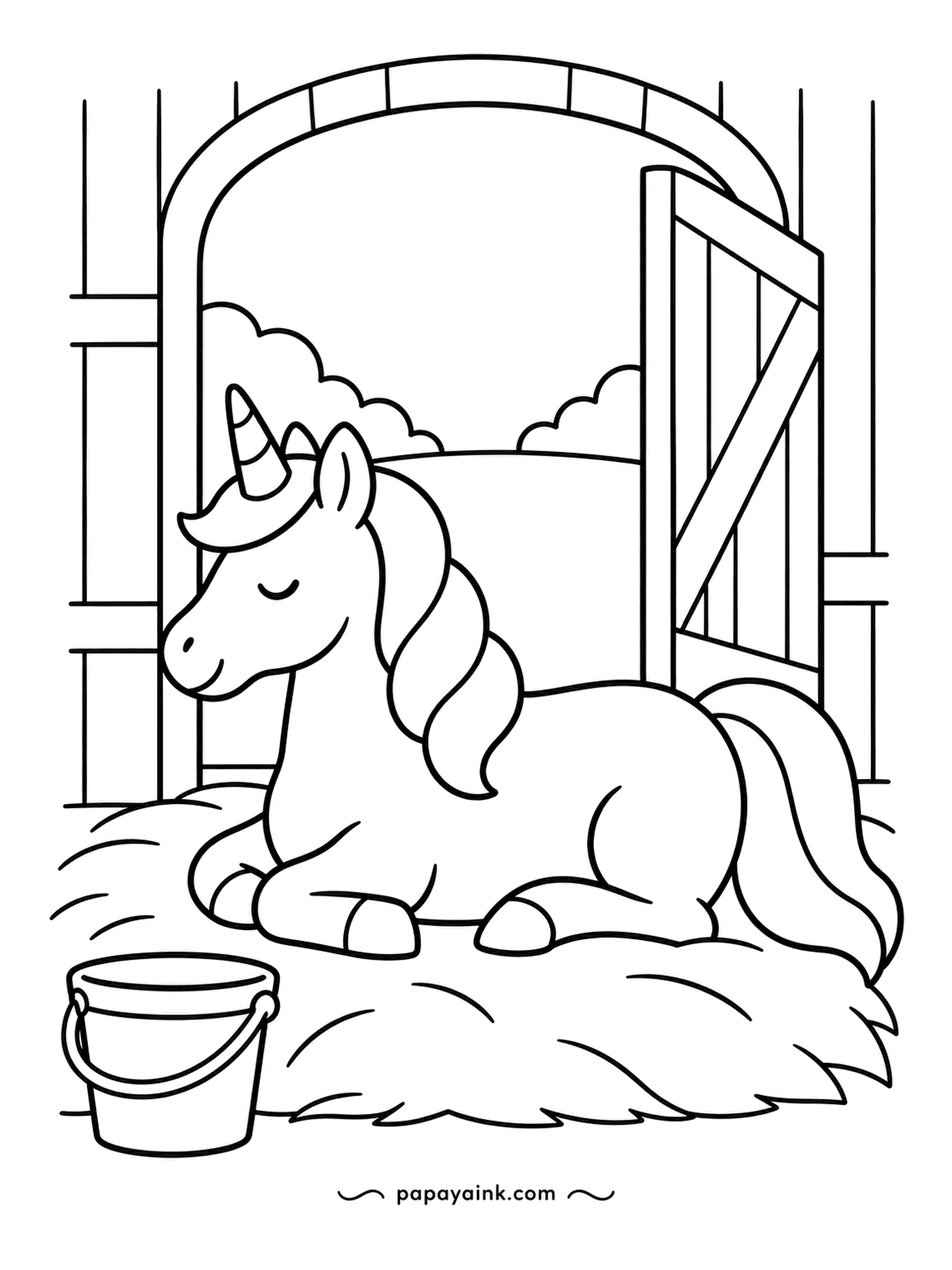 Easy Unicorn Coloring Pages - Fresh straw, an open stable door, a water bucket close by - everything a sleepy unicorn needs for an afternoon doze. Golden straw and a soft pastel coat.