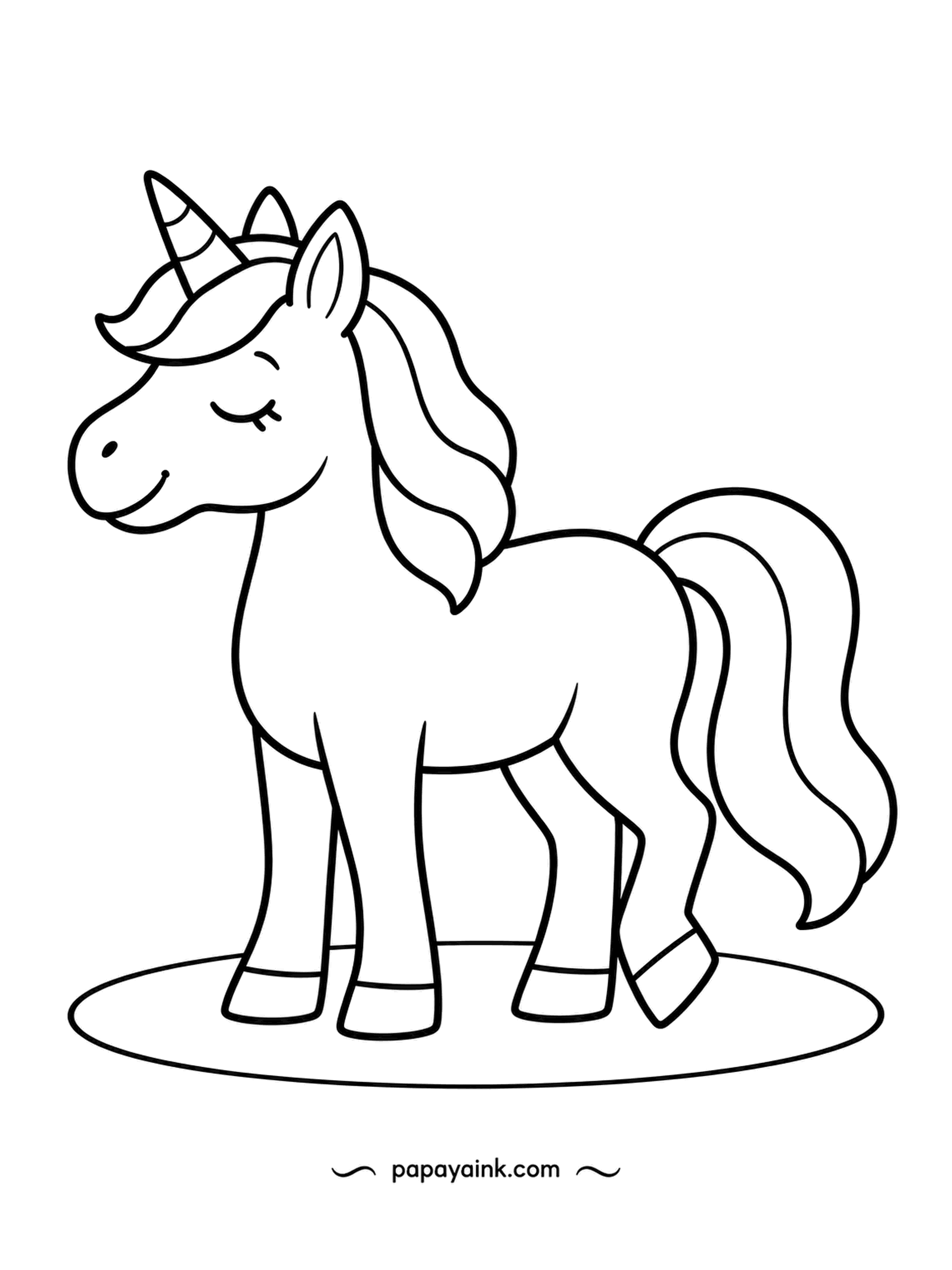 Easy Unicorn Coloring Pages - Standing with one back hoof tipped up is how horses rest, and this unicorn has perfected it. Eyes closed, smile on, nowhere to be. A single pose on a patch of ground - ideal for a first try.