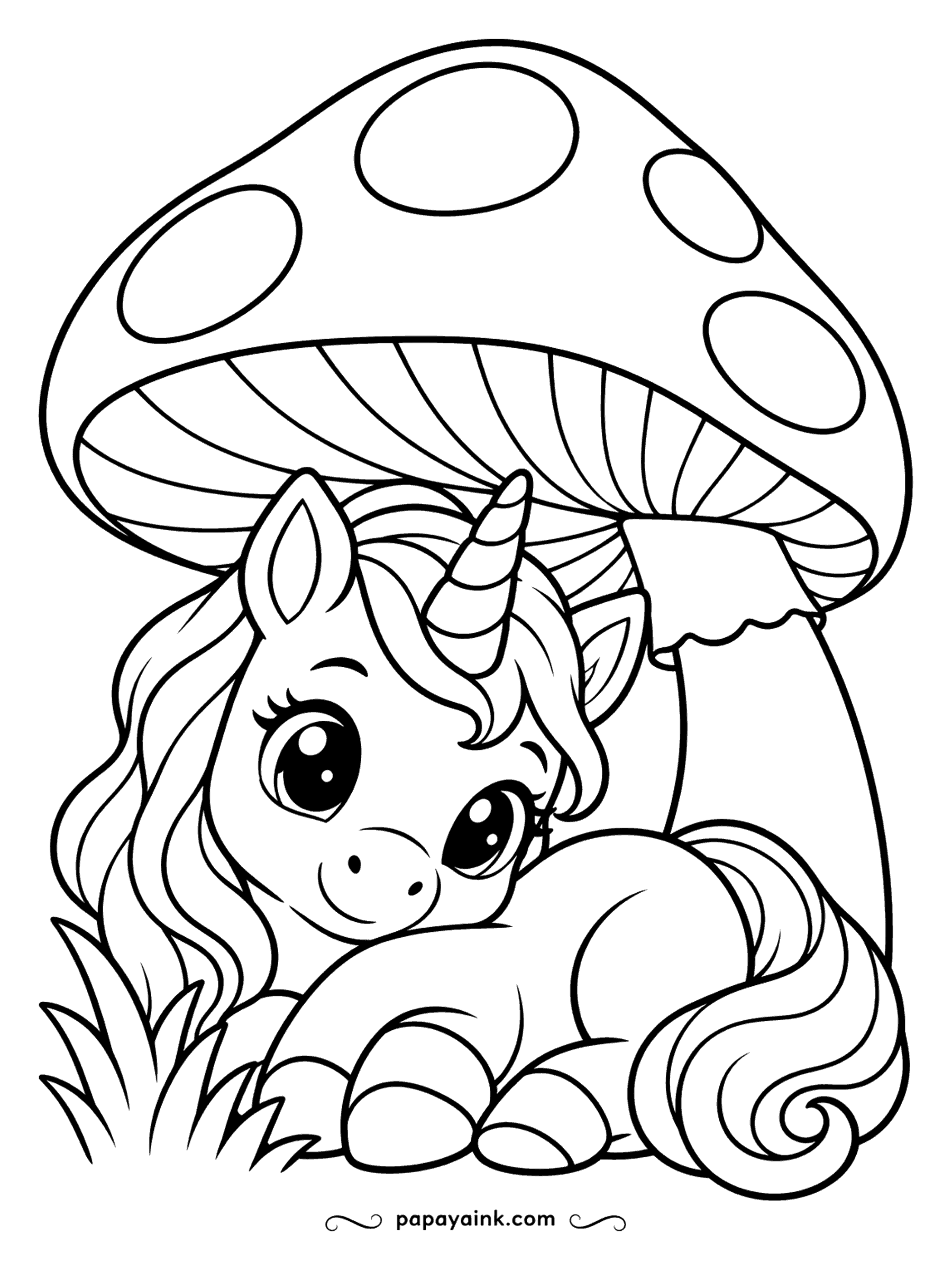 Easy Unicorn Coloring Pages - Baby unicorn curled up under a giant spotted mushroom in the grass.