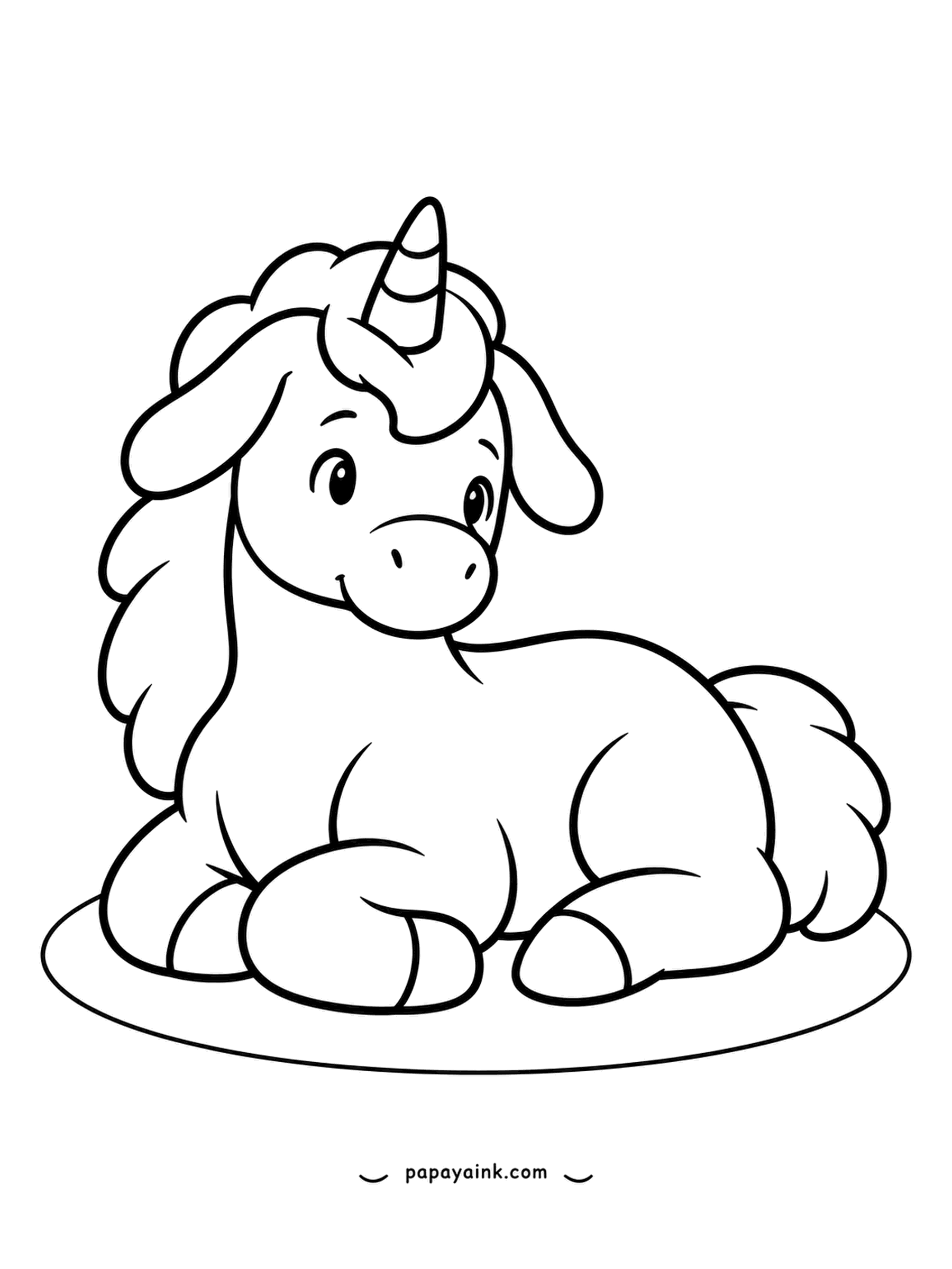 Easy Unicorn Coloring Pages - Wide awake although lying down, the fluffy unicorn keeps her head up to watch what is going on. Only one figure and very few lines - a calm, quick page.