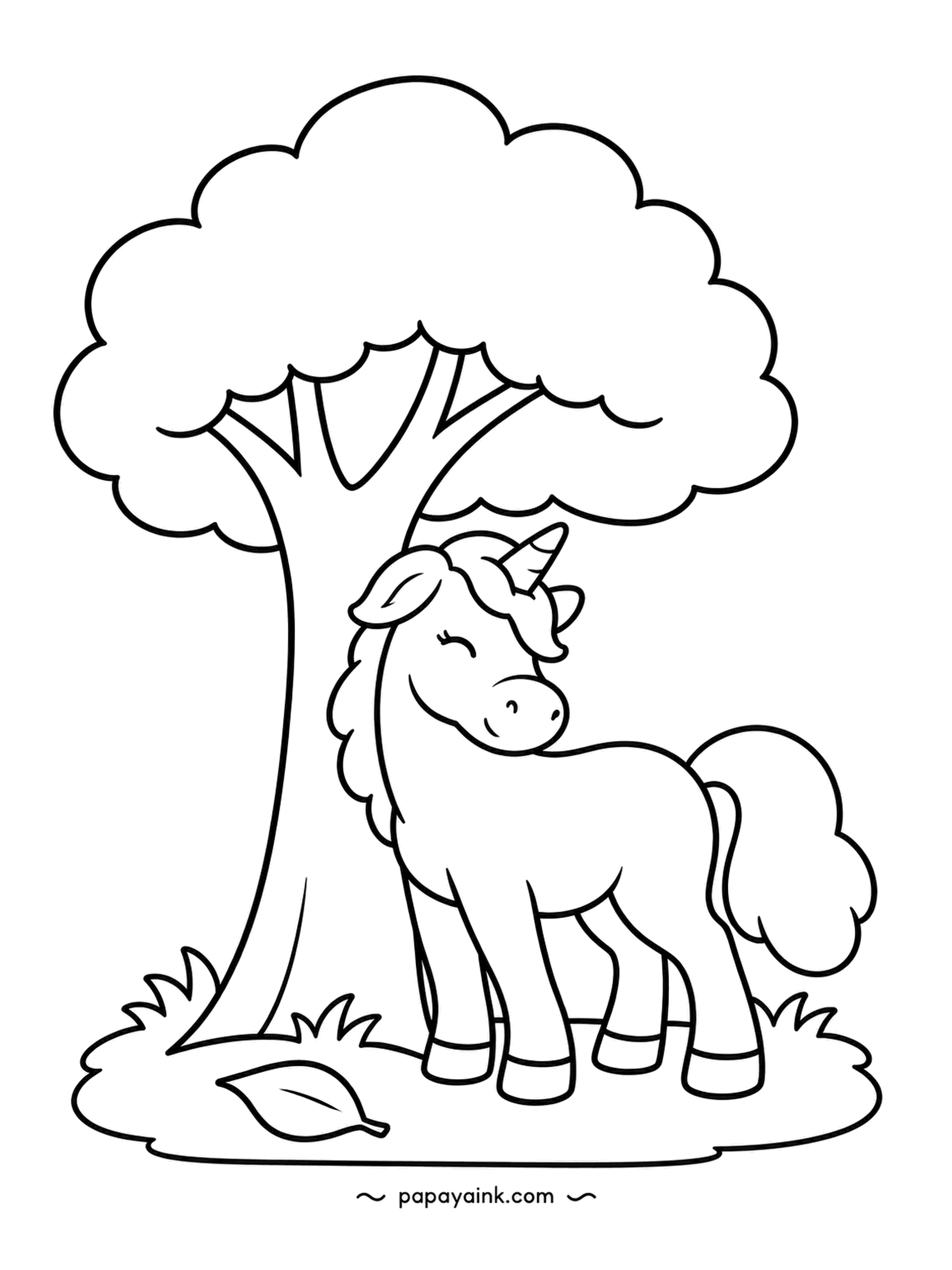 Easy Unicorn Coloring Pages - Tree bark is the perfect scratching post, as every horse knows, and the unicorn leans her shoulder into the trunk with eyes closed in bliss. Bark brown and a leafy crown are all it needs.