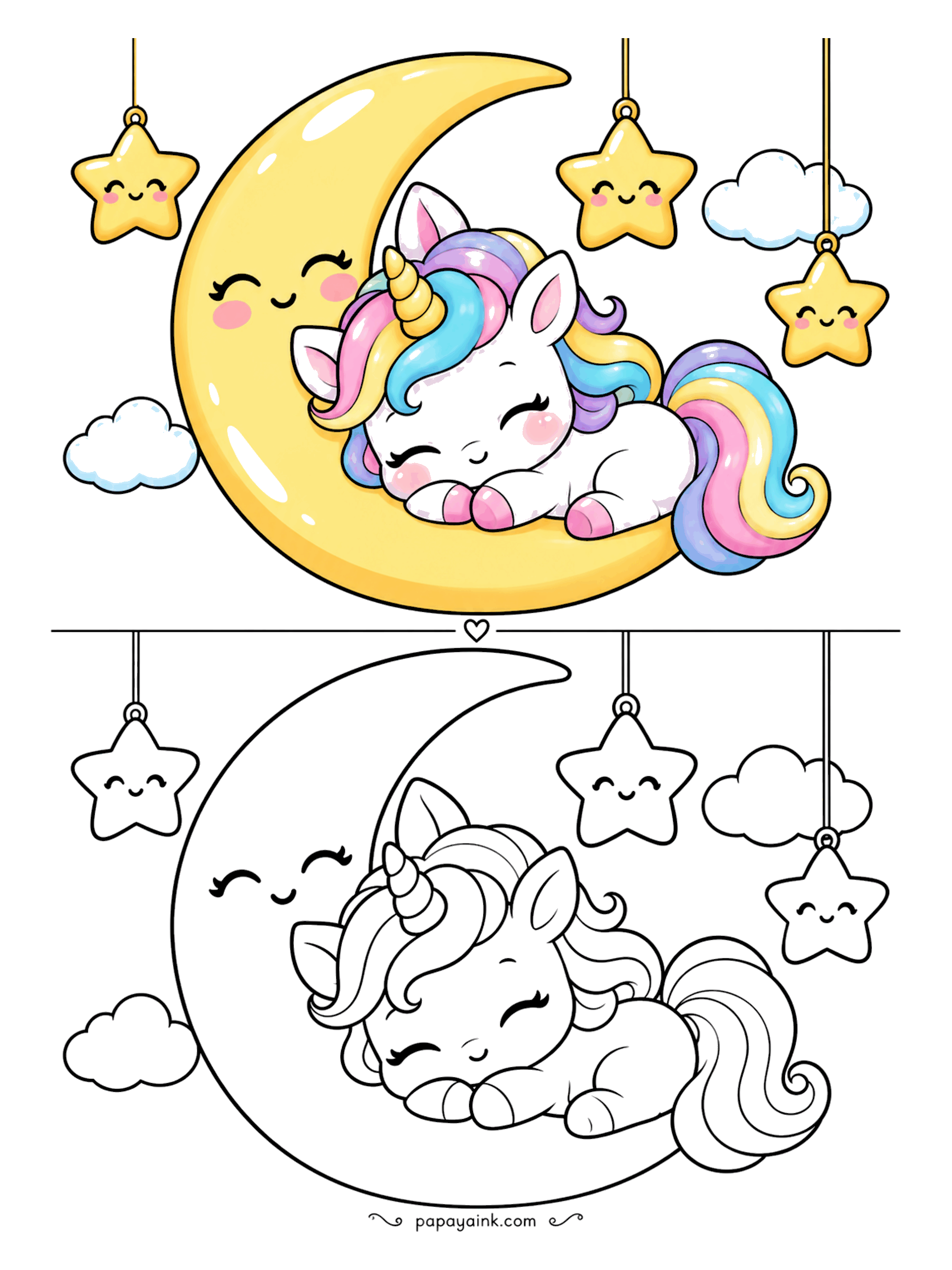 Easy Unicorn Coloring Pages - Bedtime on a smiling moon, with a trio of stars hung on strings and two clouds standing guard. A sleeping unicorn means no eyes to color, just the lashes, which leaves the whole page to the mane and the yellow moon.