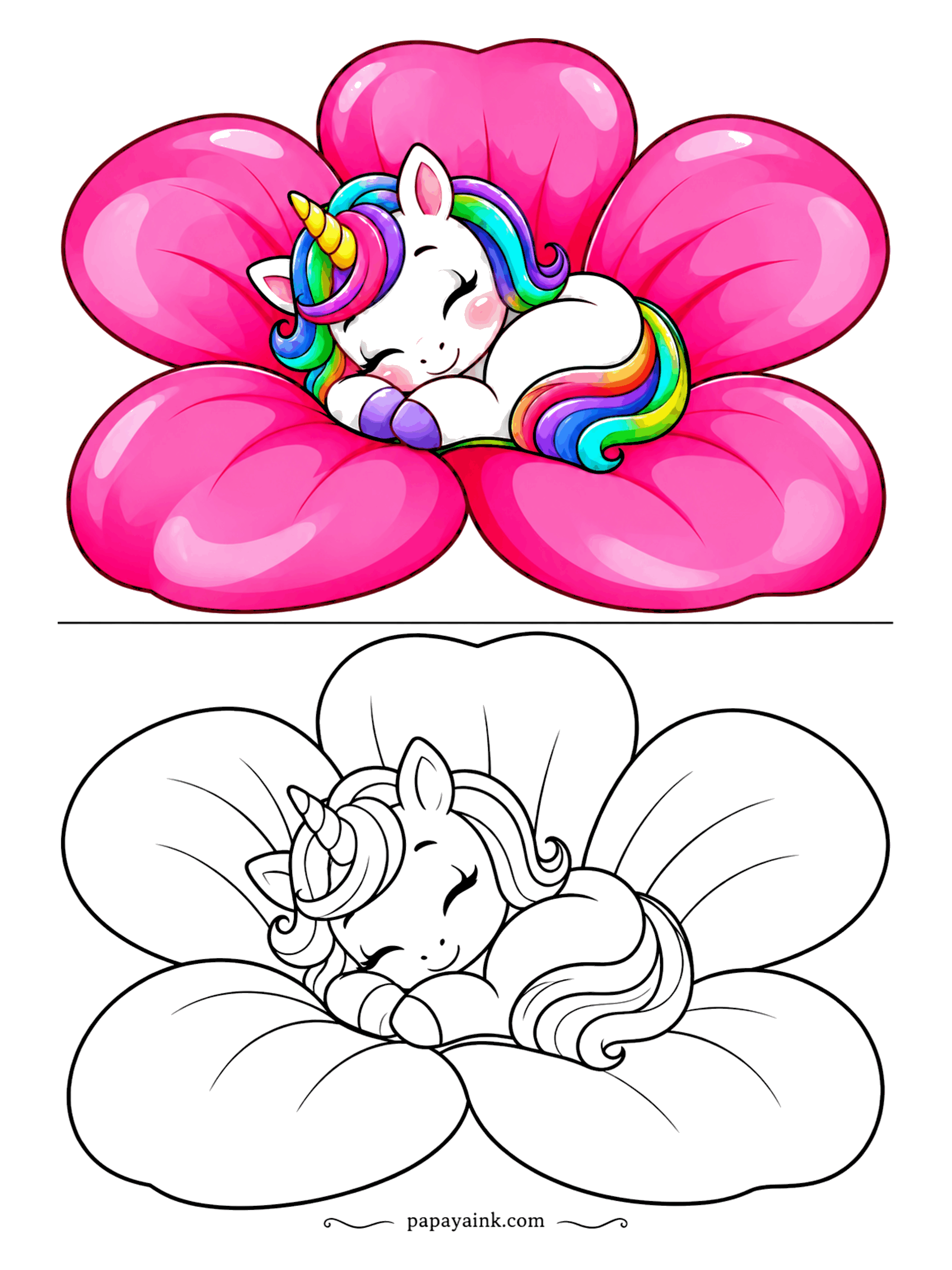 Easy Unicorn Coloring Pages - Tiny unicorn curled up asleep inside a big blossom with wide, easy petals.