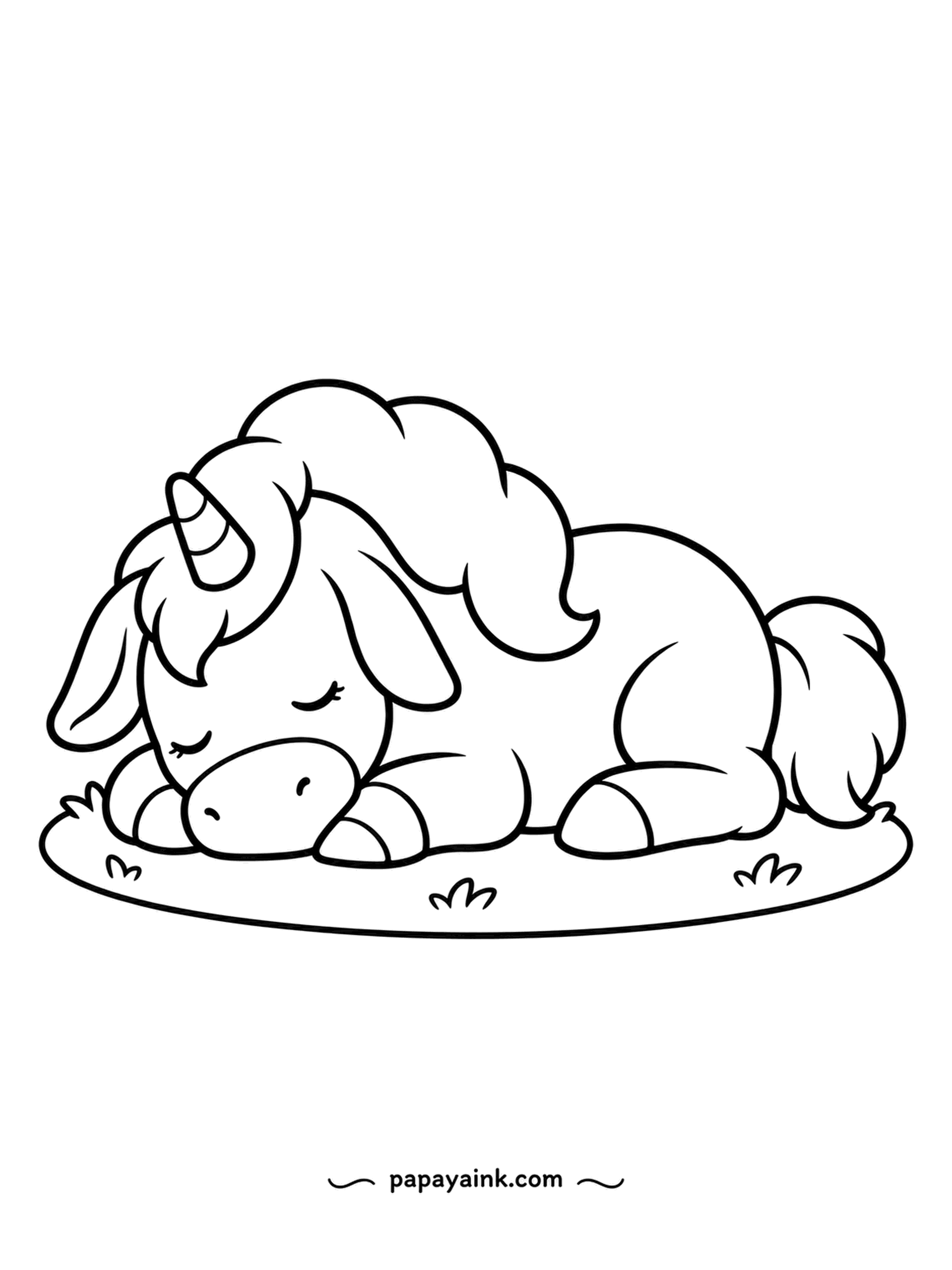 Easy Unicorn Coloring Pages - Nap time, chin down on the grass, mane spread out like a pillow. This is about as simple as a unicorn page gets - large shapes and very few lines, perfect for crayons.